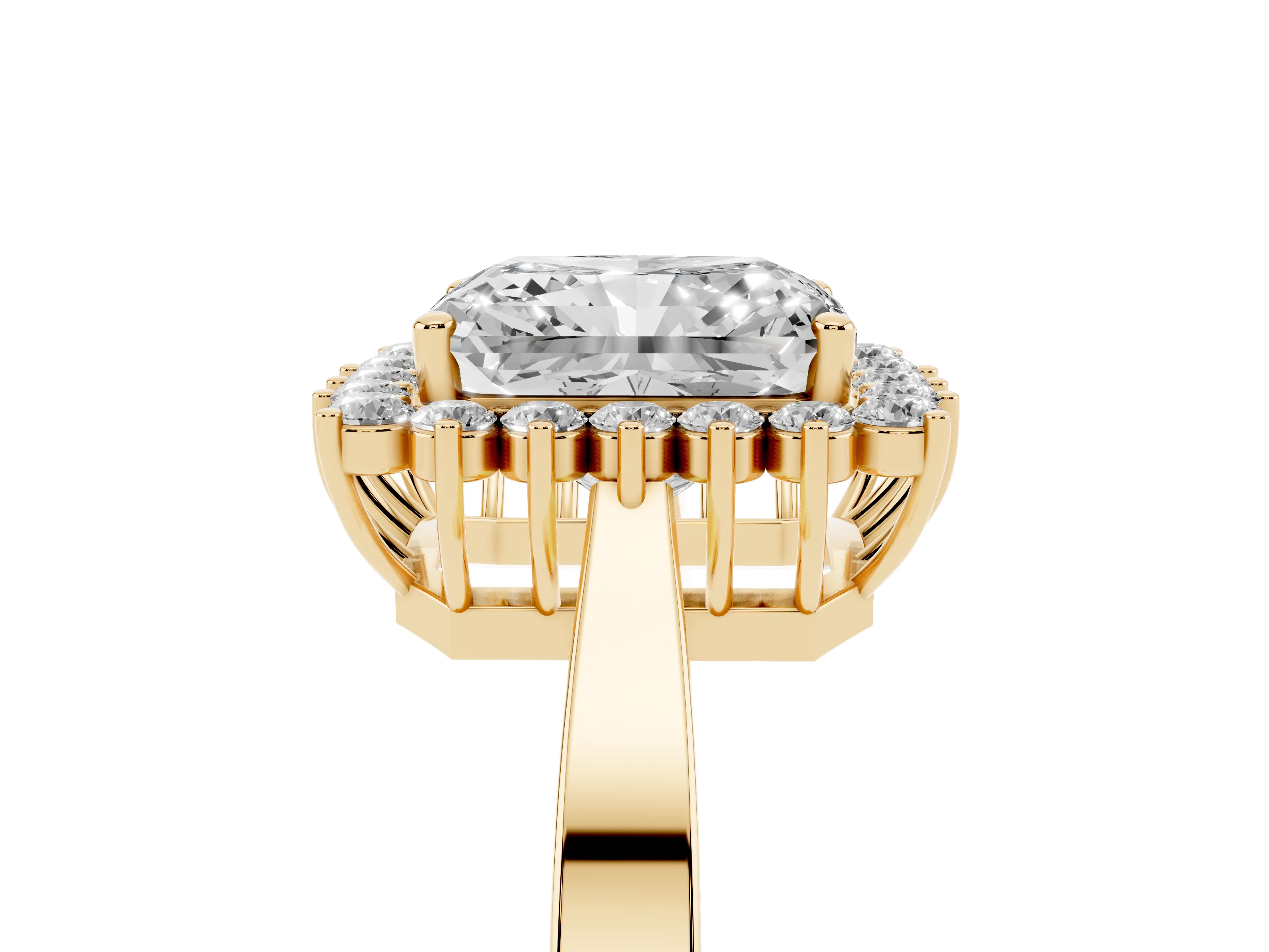 Radiant Cut Diamond Halo Ring Set in Yellow gold with Round Halo and Smooth Solitaire Band