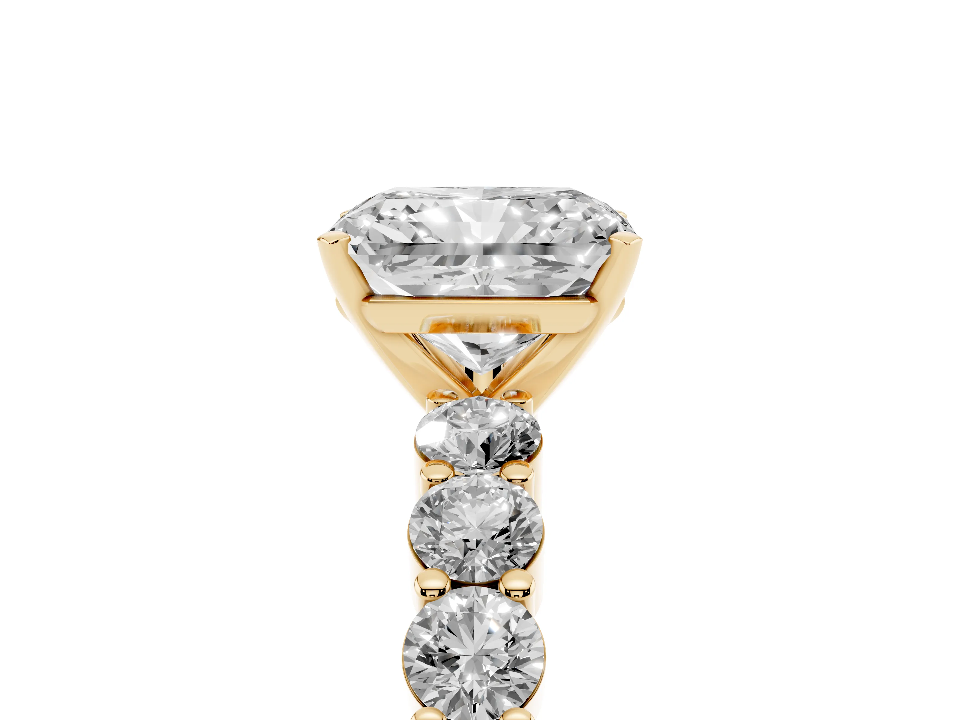 Radiant Cut Diamond Solitaire Ring Set in Yellow gold with Shared Prong Round Side Stones