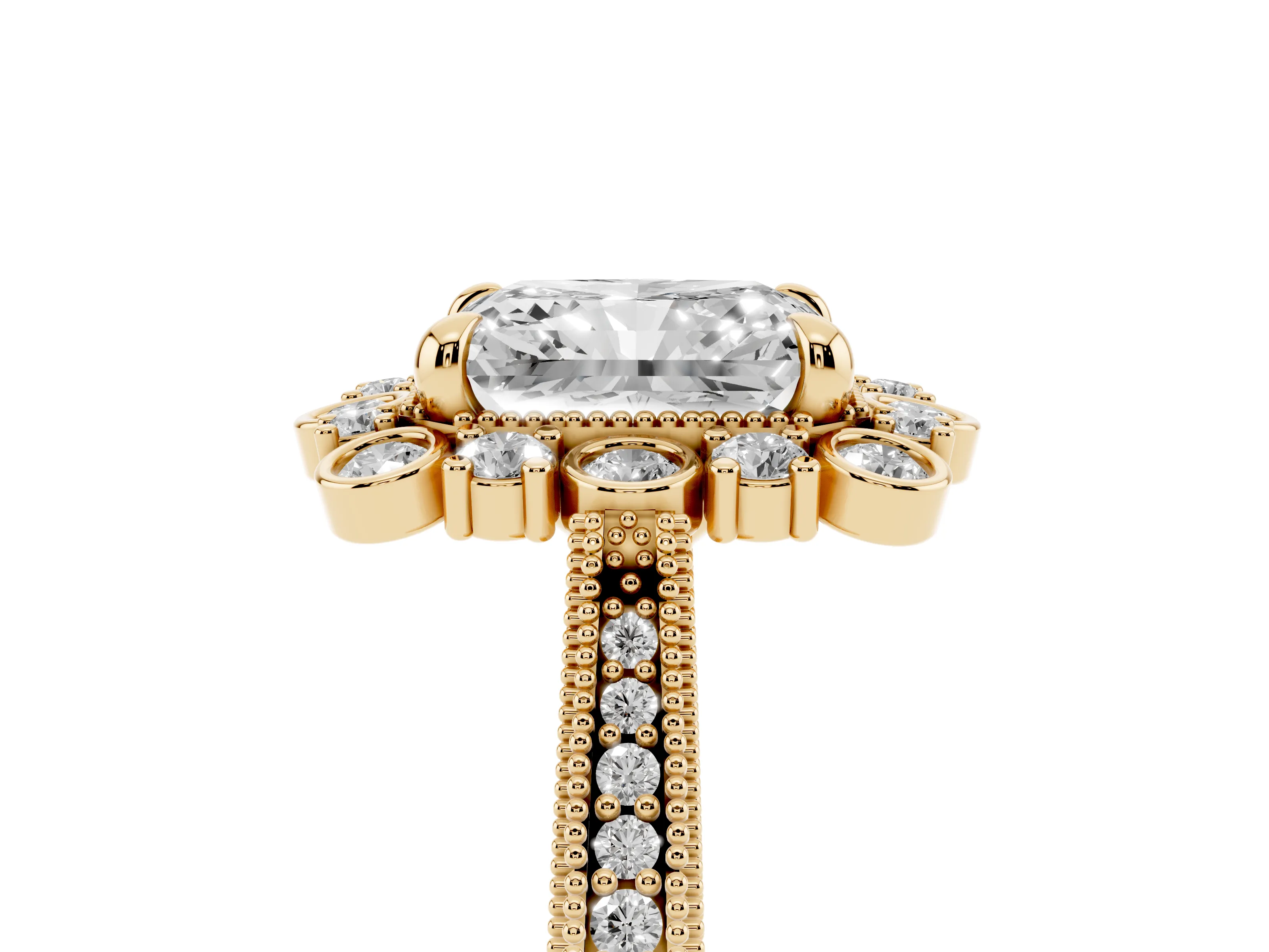 Radiant Cut Diamond Halo Milgrain Pavé Ring Set in Yellow gold with Prong Setting
