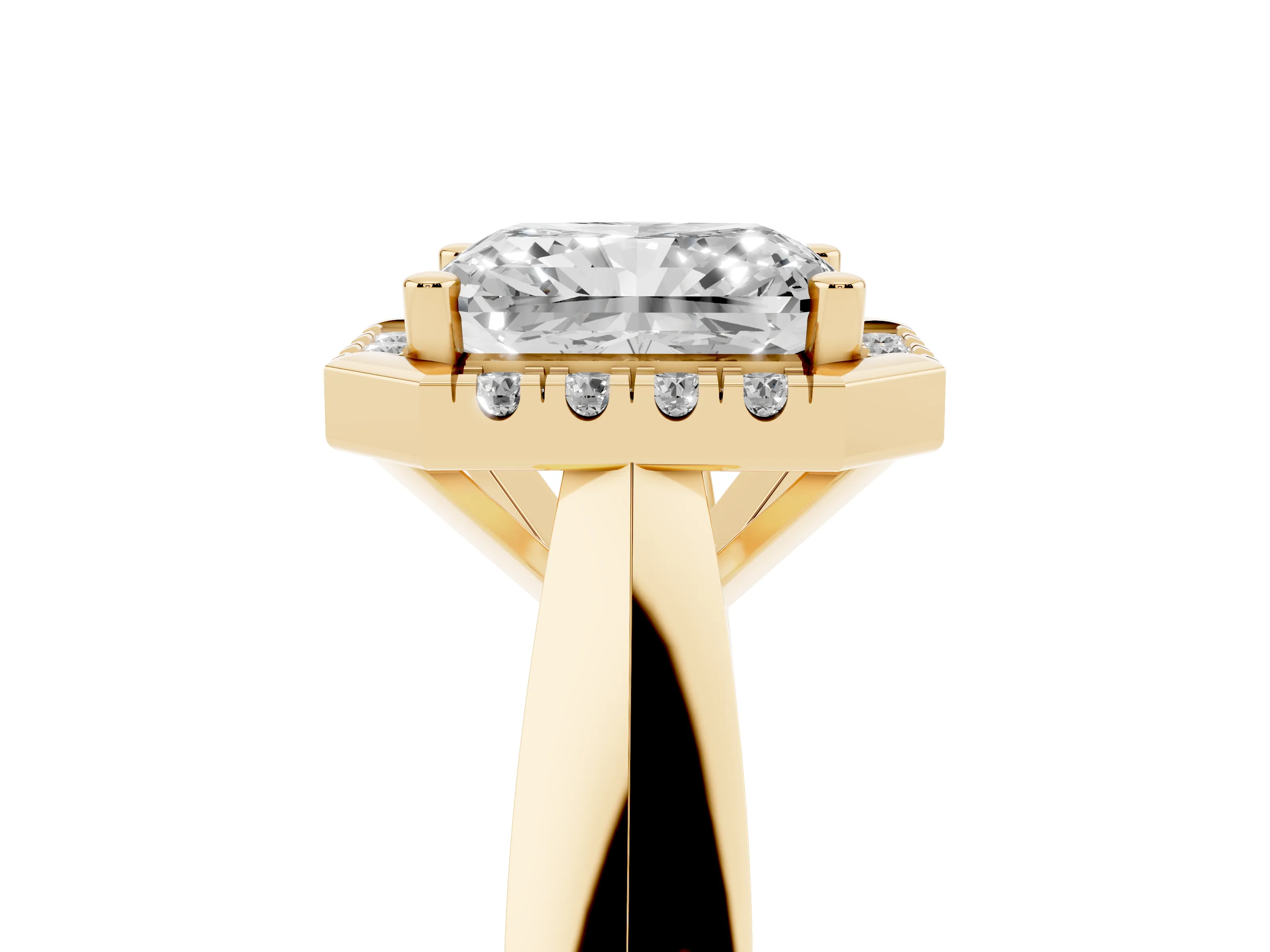 Radiant Cut Diamond Halo Solitaire Engagement Ring Set in Yellow gold with Square Band and Prong Setting