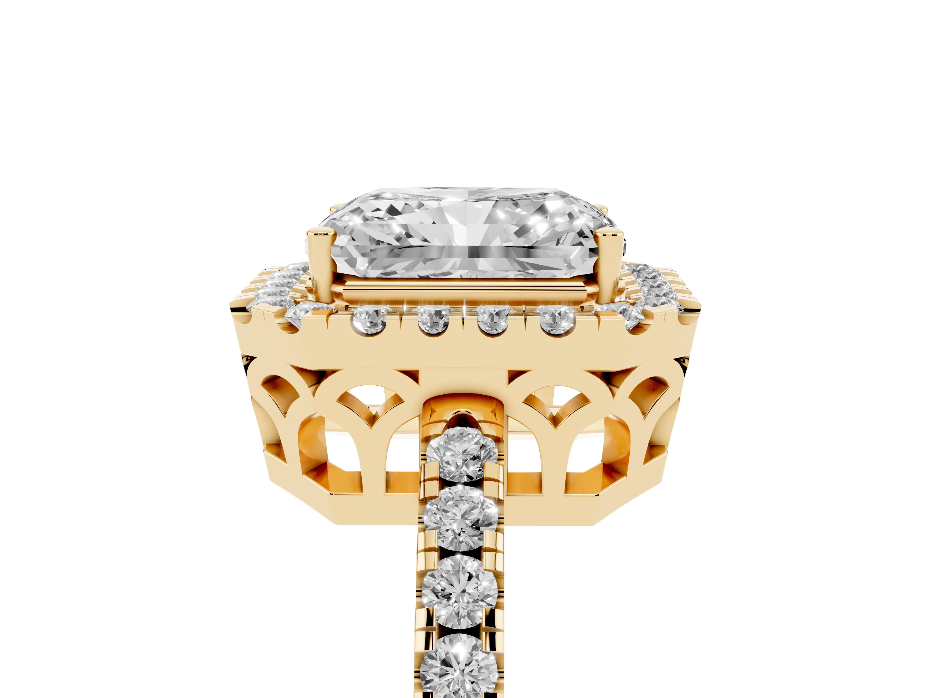 Radiant Cut Diamond Pavé Band Halo Engagement Ring Set in Yellow gold with Prong Setting