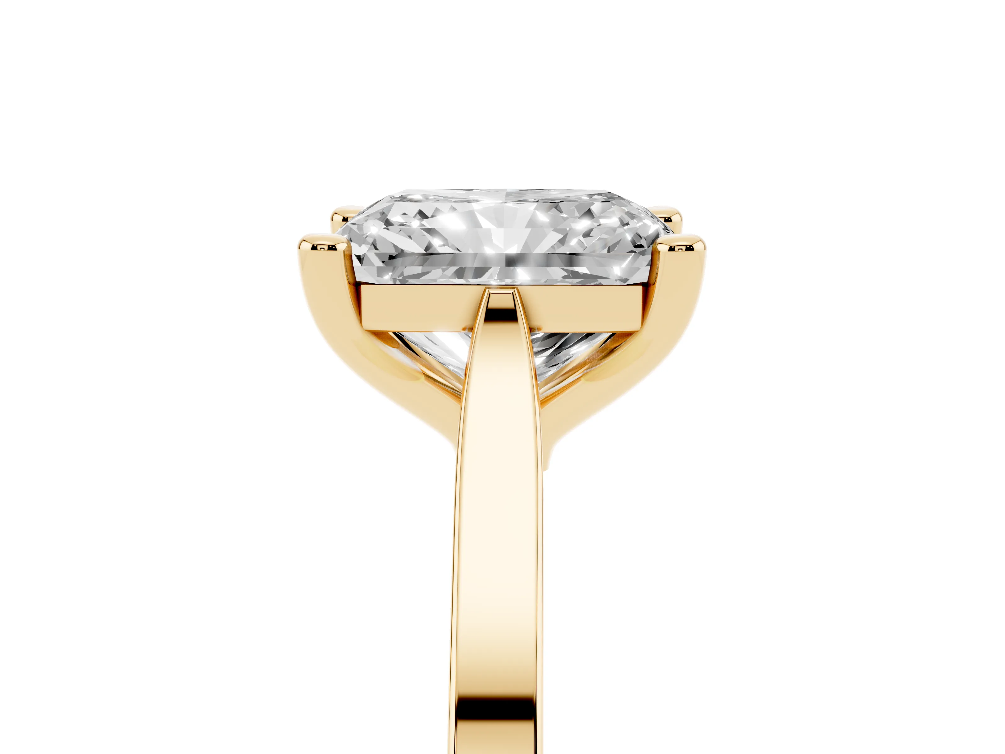 Radiant Cut Diamond Solitaire Ring Set in Yellow gold with Prong Setting and Tapered Band