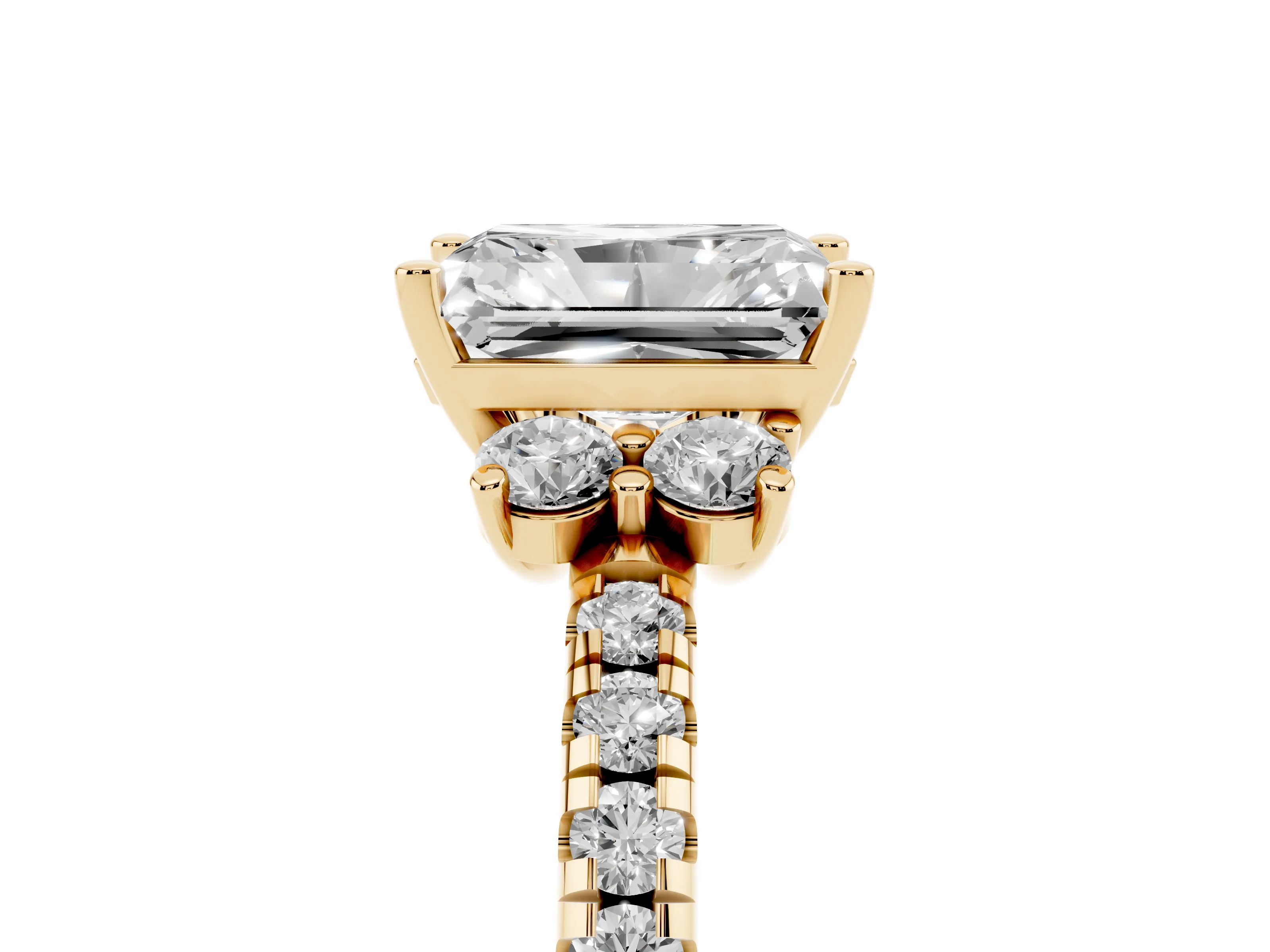Radiant Cut Diamond Three-Stone Pavé Ring Set in Yellow gold with Prong Setting