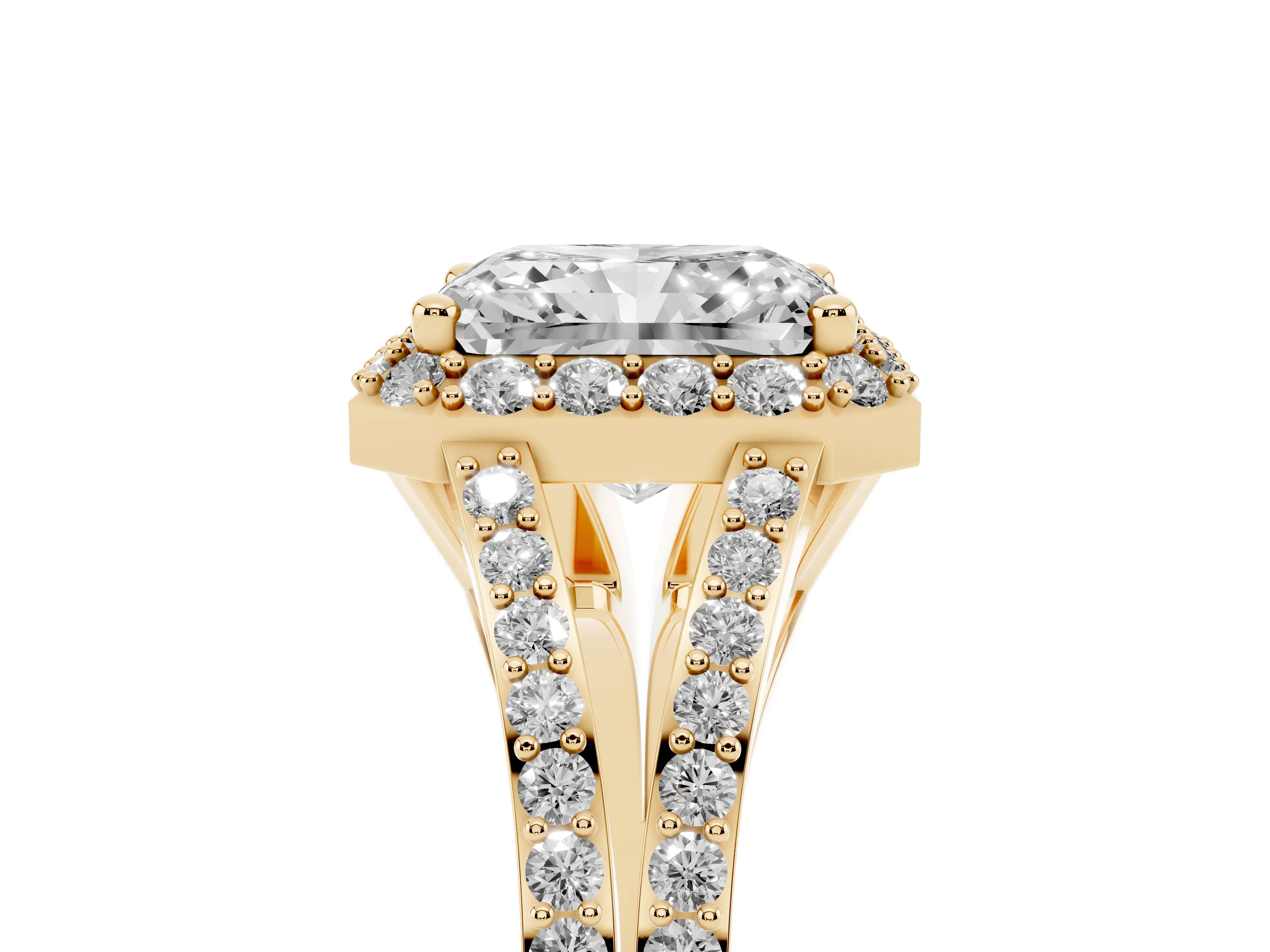 Radiant Cut Diamond Halo Split Shank Pavé Ring Set in Yellow gold with Prong Setting