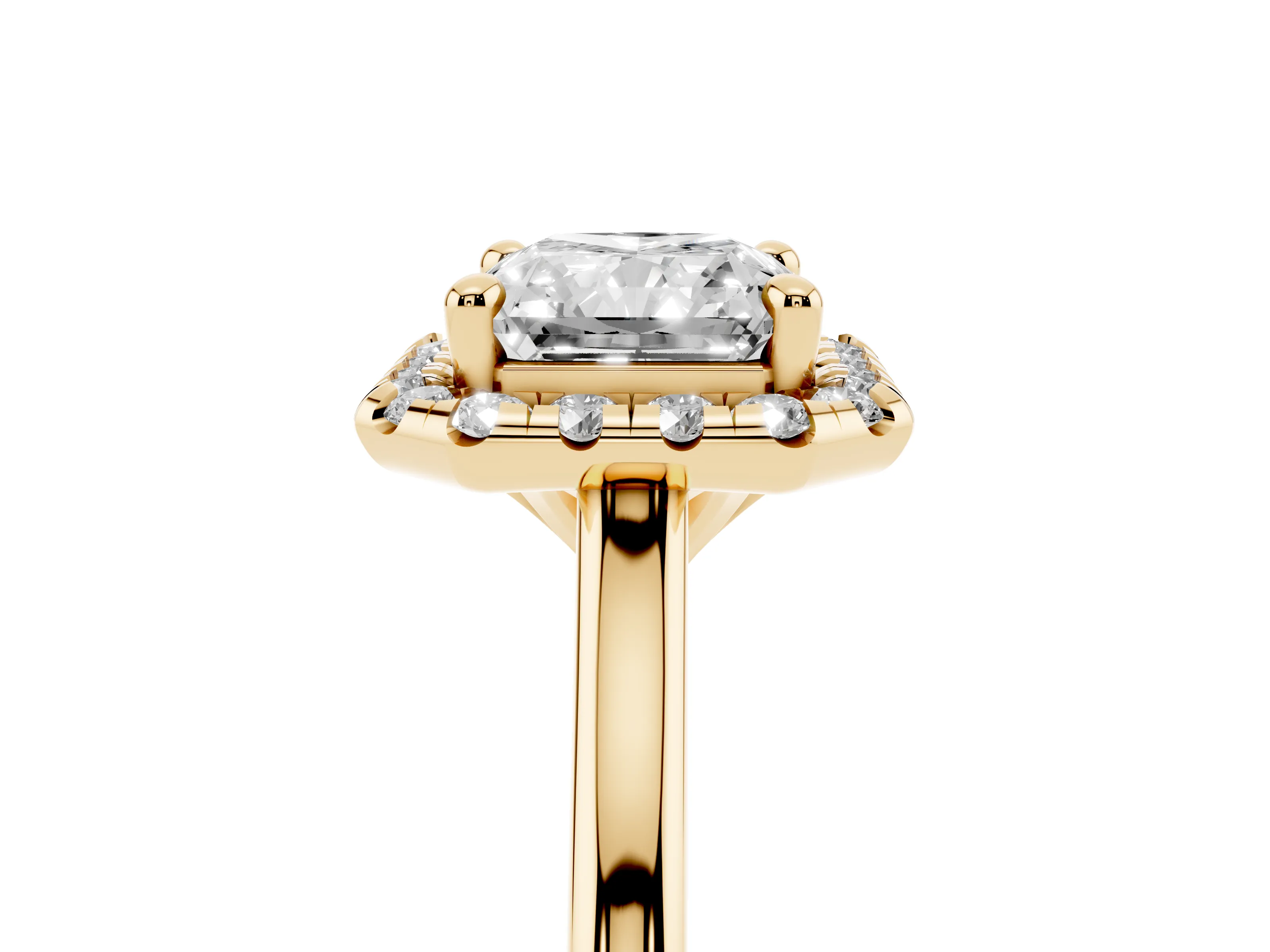 Radiant Cut Diamond Halo Engagement Ring Set in Yellow gold with Pavé Band and Rising Shoulders
