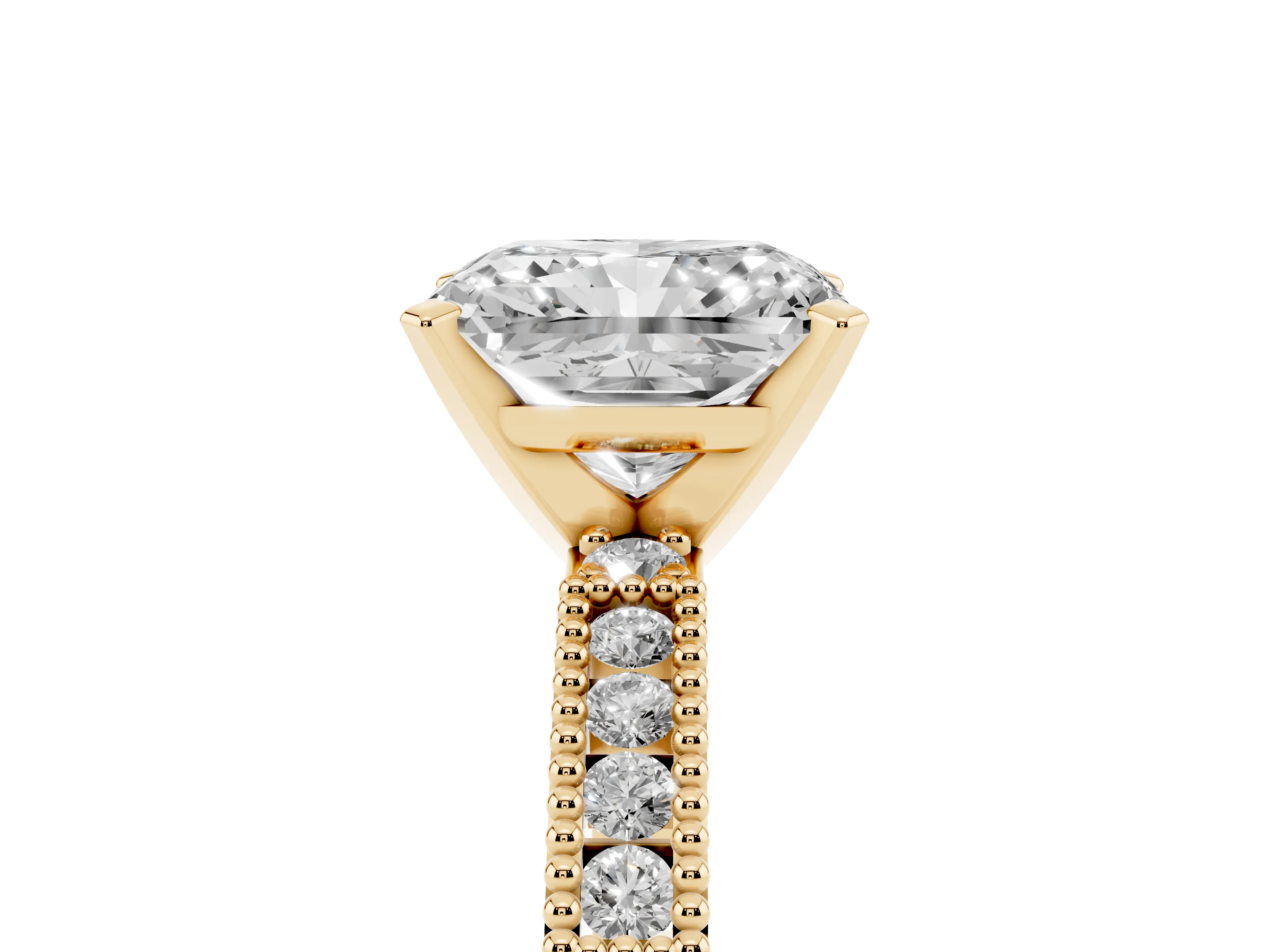 Radiant Cut Diamond Solitaire Ring Set in Yellow gold with Slim Pavé Band and Prong Setting