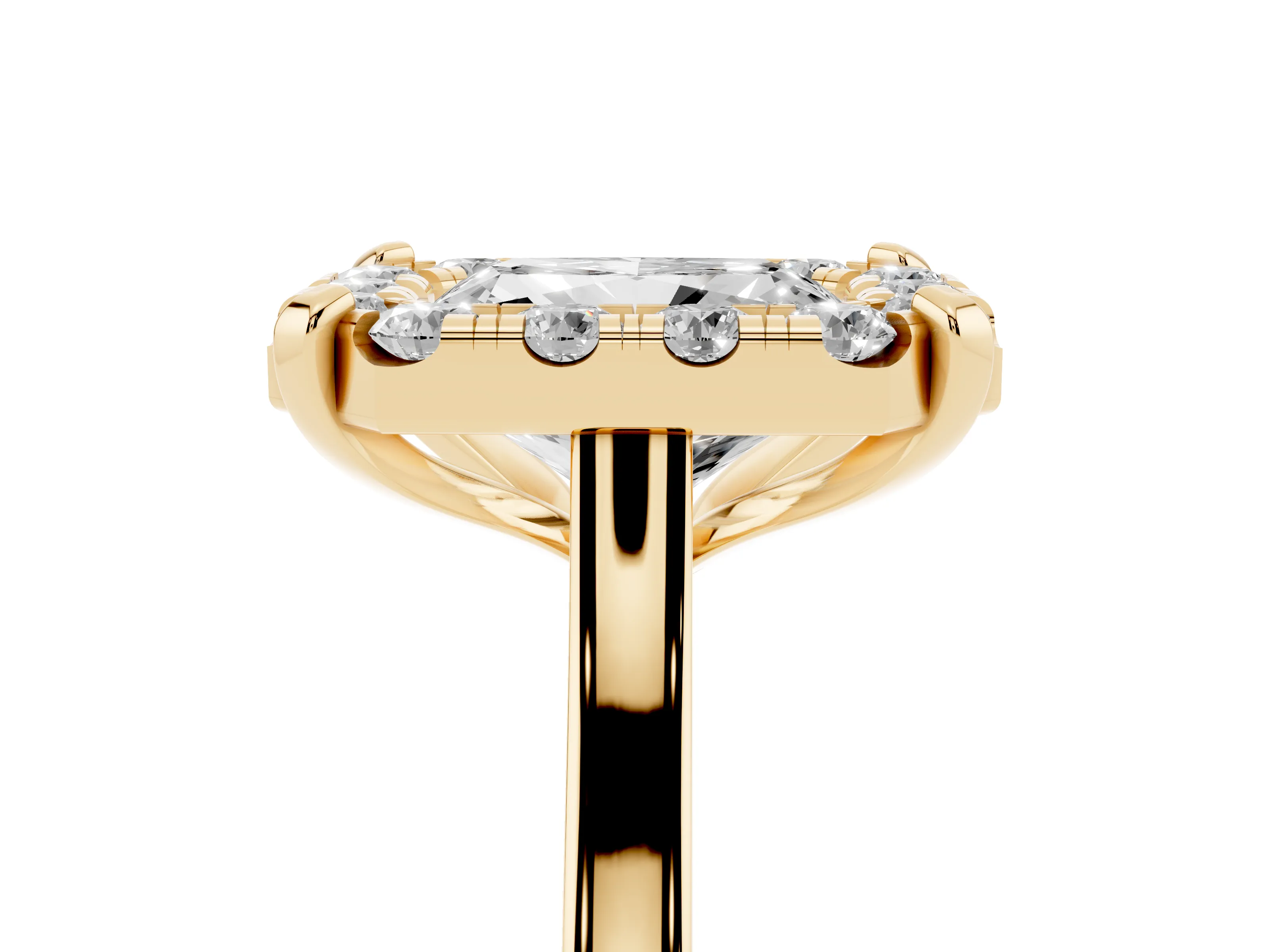 Radiant Cut Diamond Cluster Halo Solitaire Ring Set in Yellow gold with Prong Setting