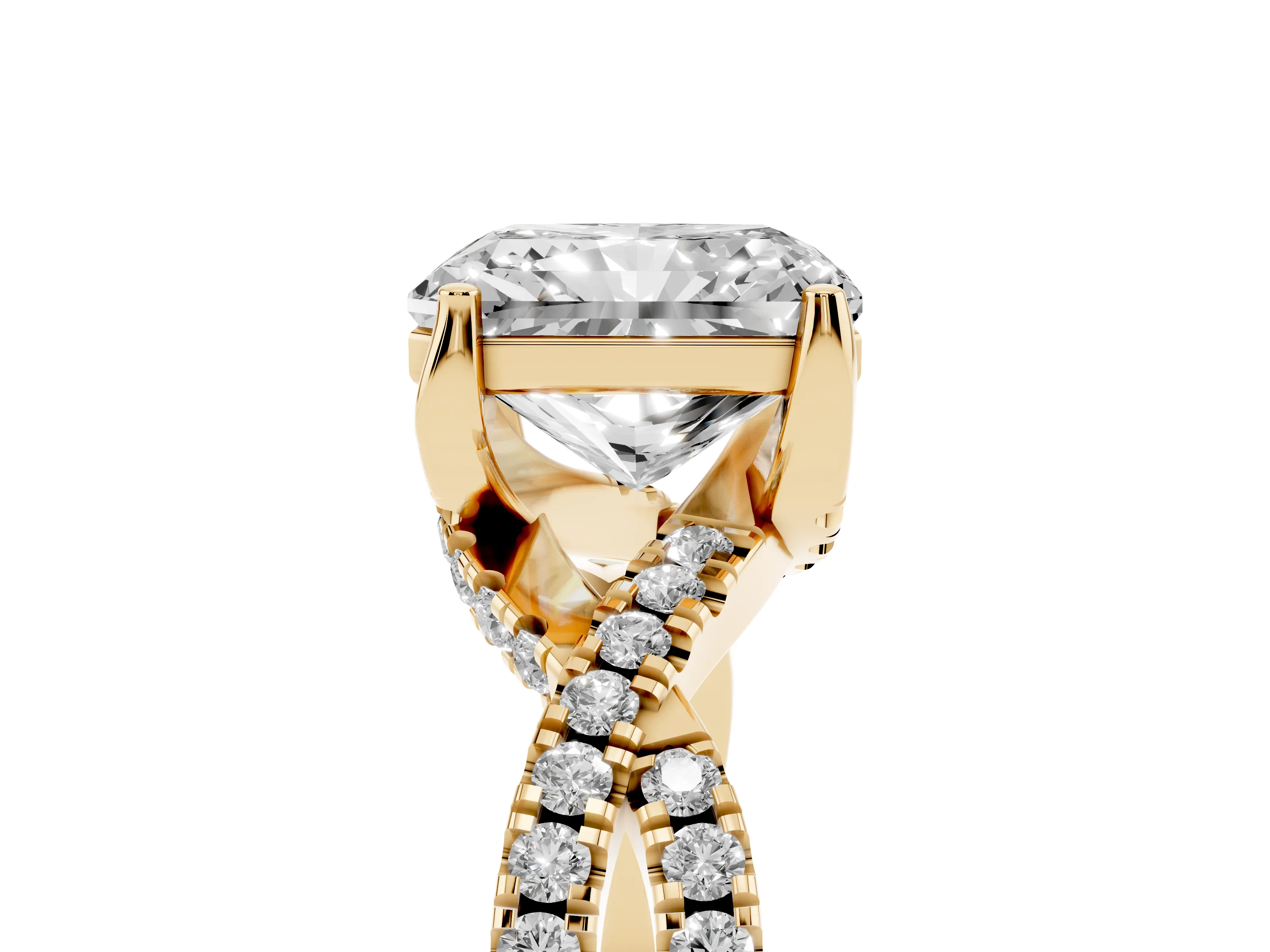 Radiant Cut Diamond Twist Pavé Solitaire Engagement Ring Set in Yellow gold with Prong Setting