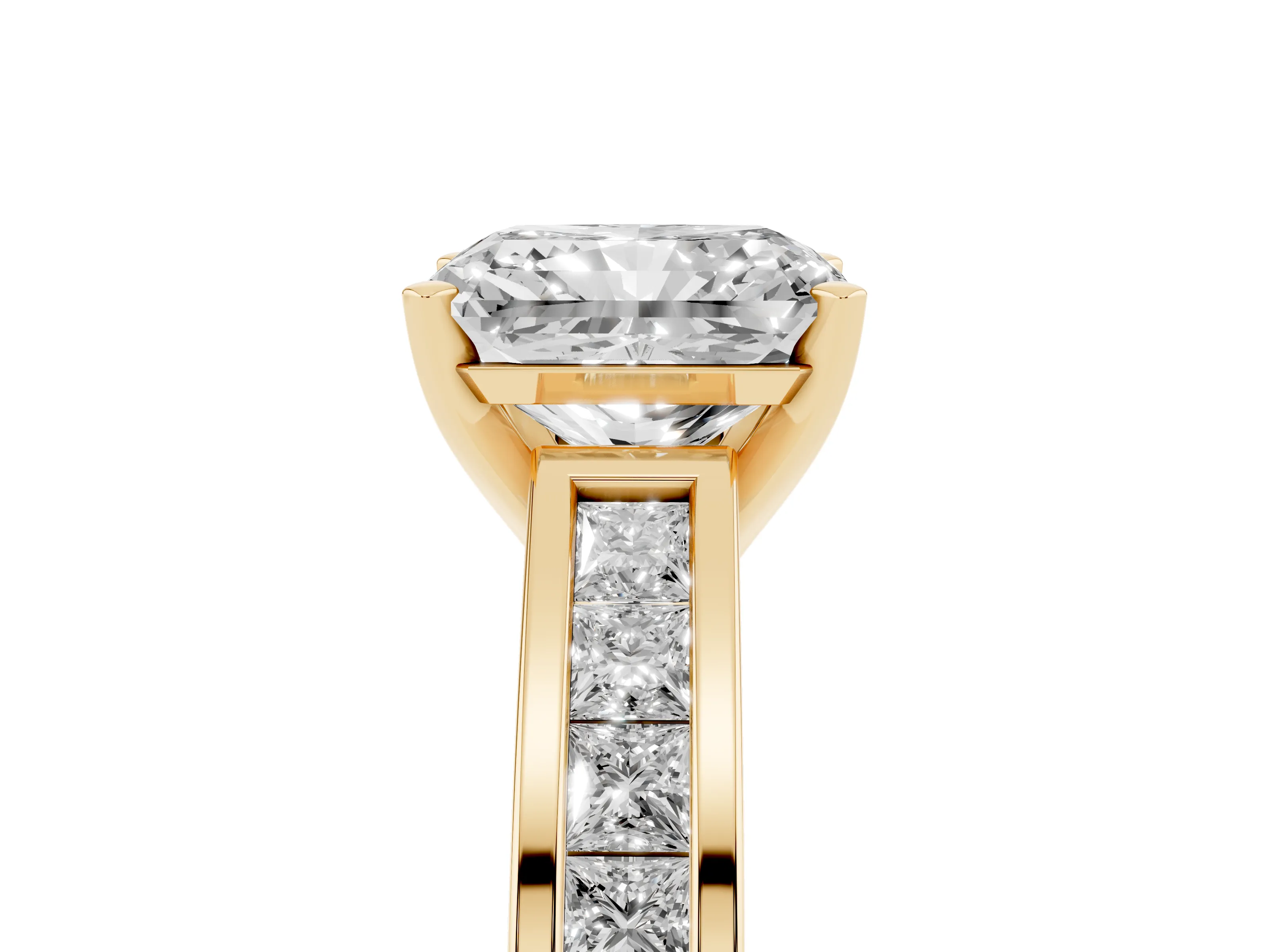 Radiant Cut Diamond Solitaire Ring Set in Yellow gold with Channel-Set Band and Prong Setting
