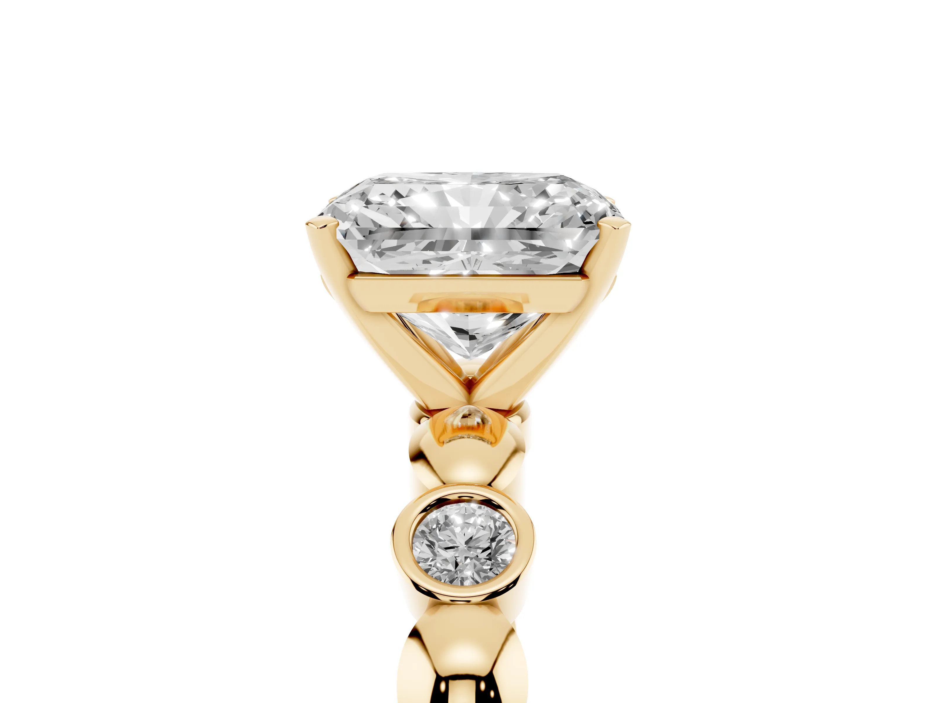 Radiant Cut Diamond Solitaire Ring Set in Yellow gold with Bezel-Set Accents on Beaded Band and Prong Setting