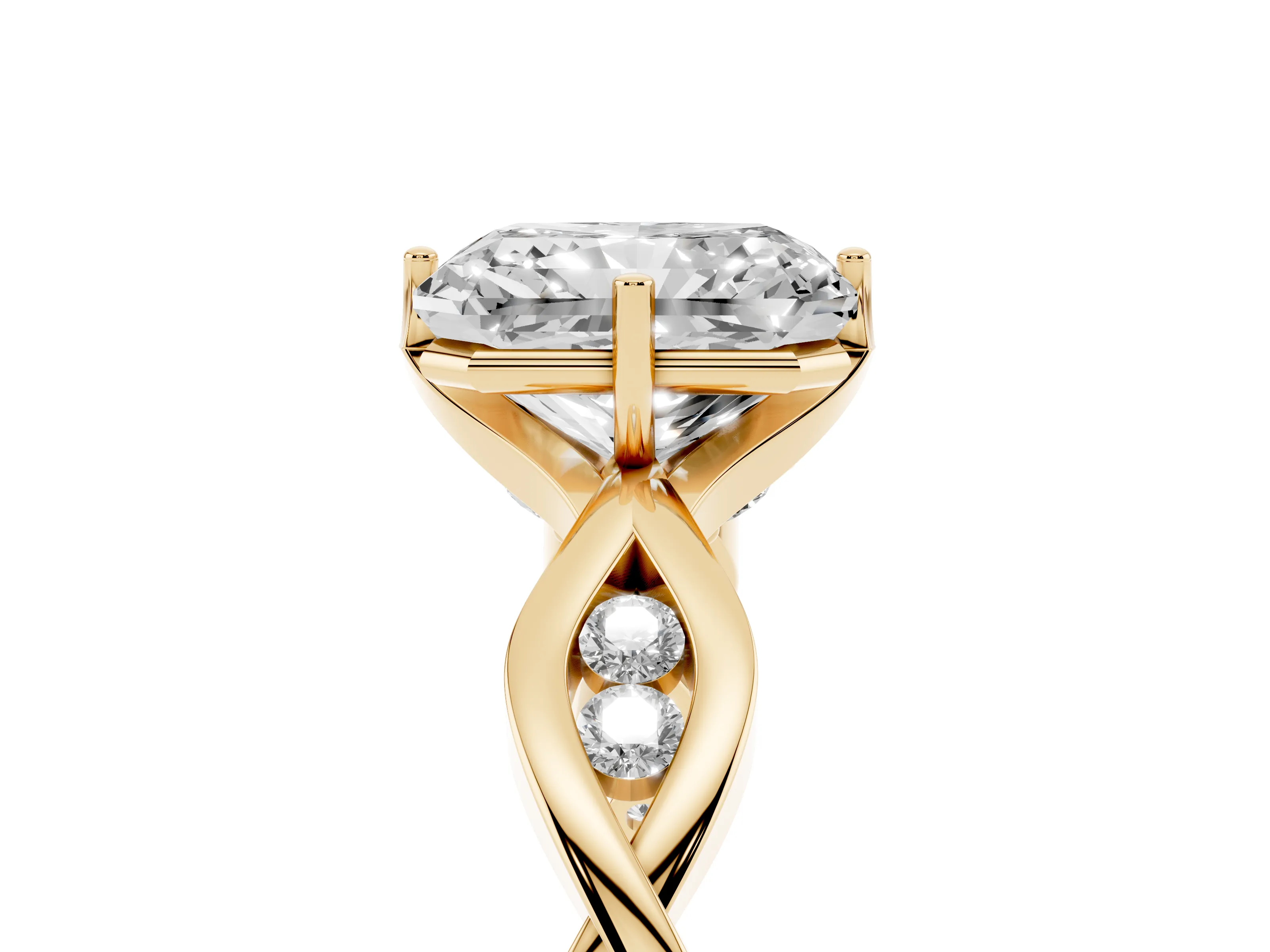 Radiant Cut Diamond Twist Band Solitaire Ring Set in Yellow gold with Leaf Prong Setting and Accent Stones