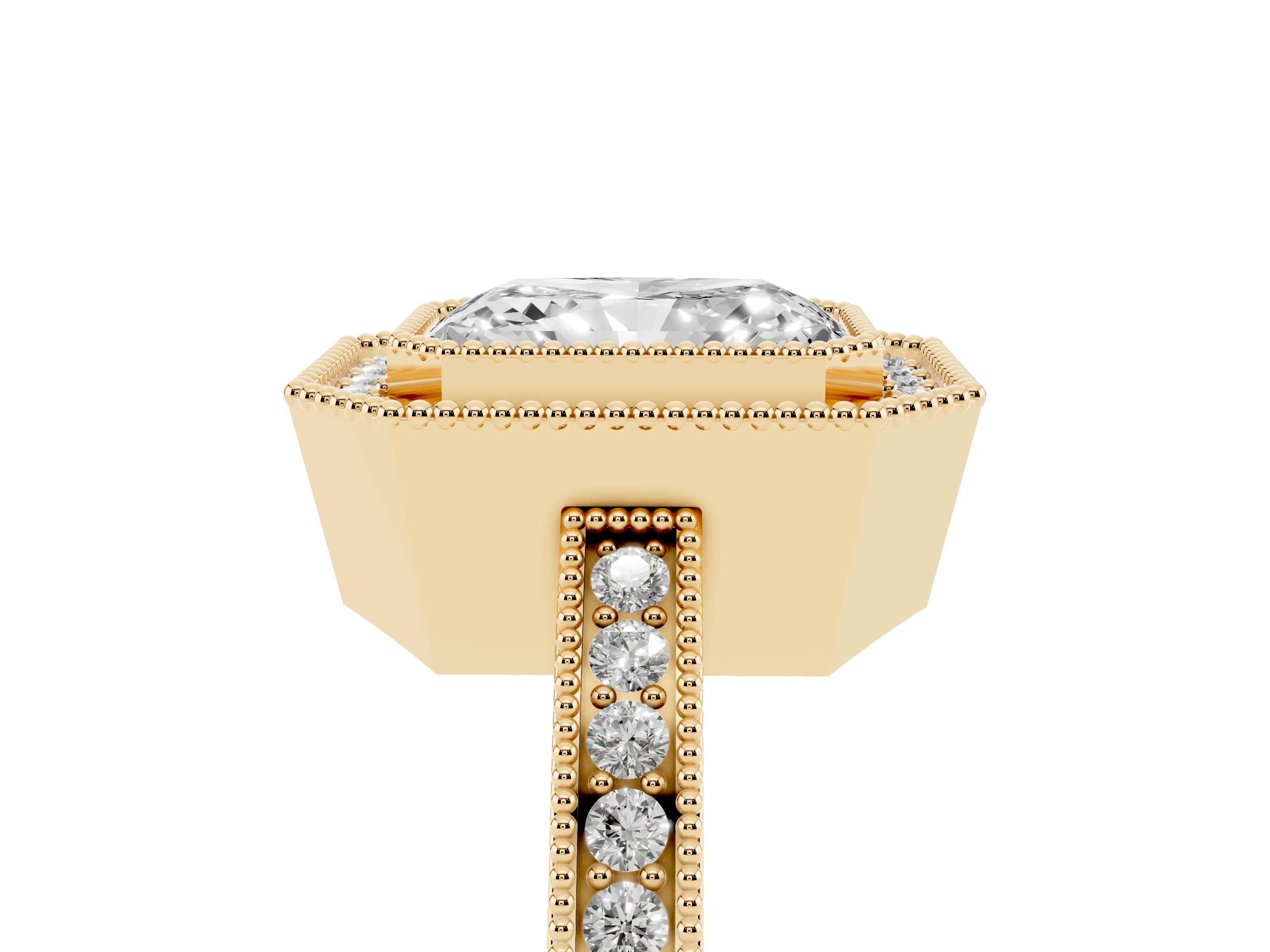 Radiant Cut Diamond Halo Ring Set in Yellow gold with Pavé Band and Milgrain-Edged Prongs