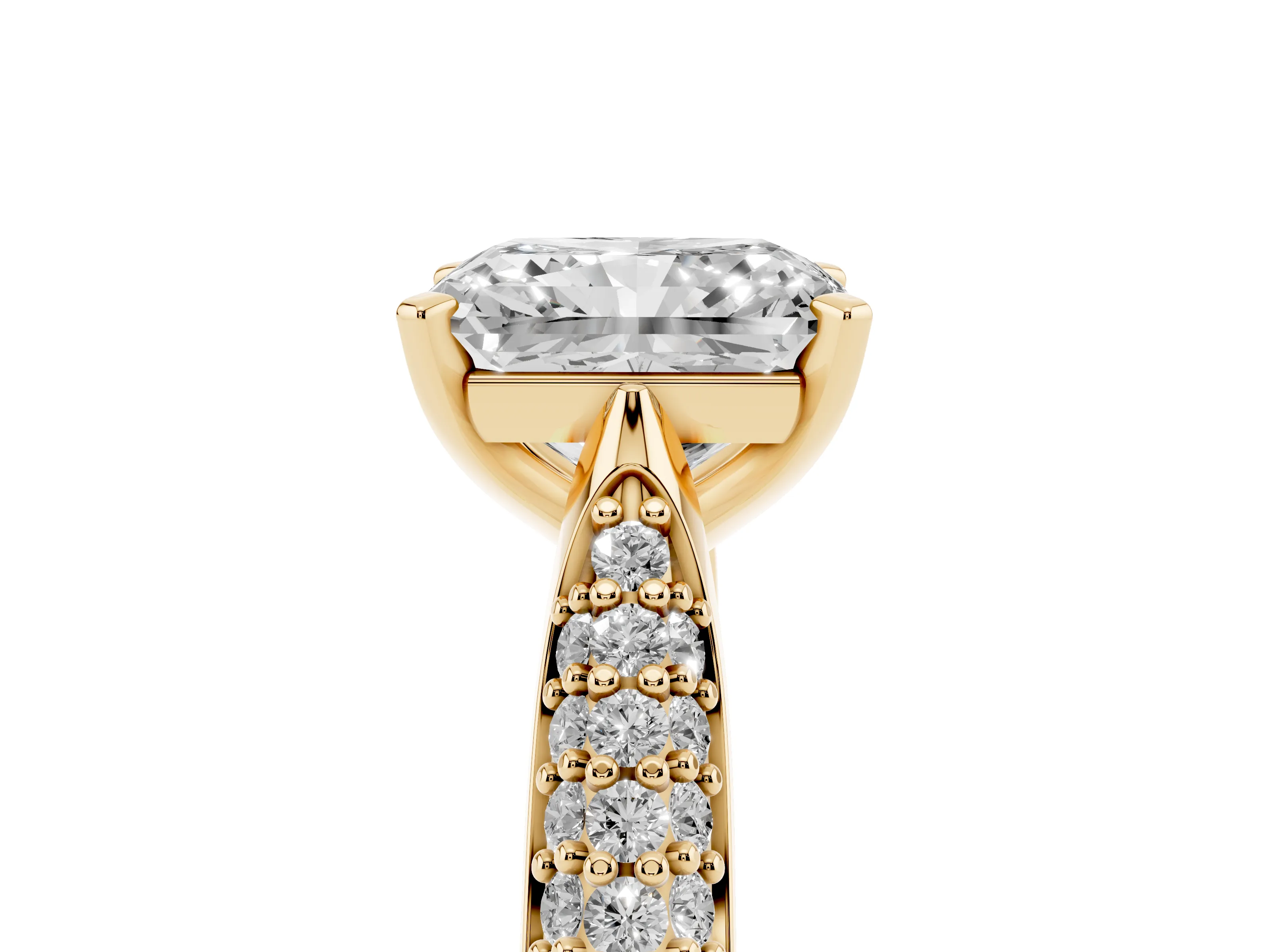 Radiant Cut Diamond Solitaire Engagement Ring Set in Yellow gold with Multi-Row Round Pavé Band and Prong Setting