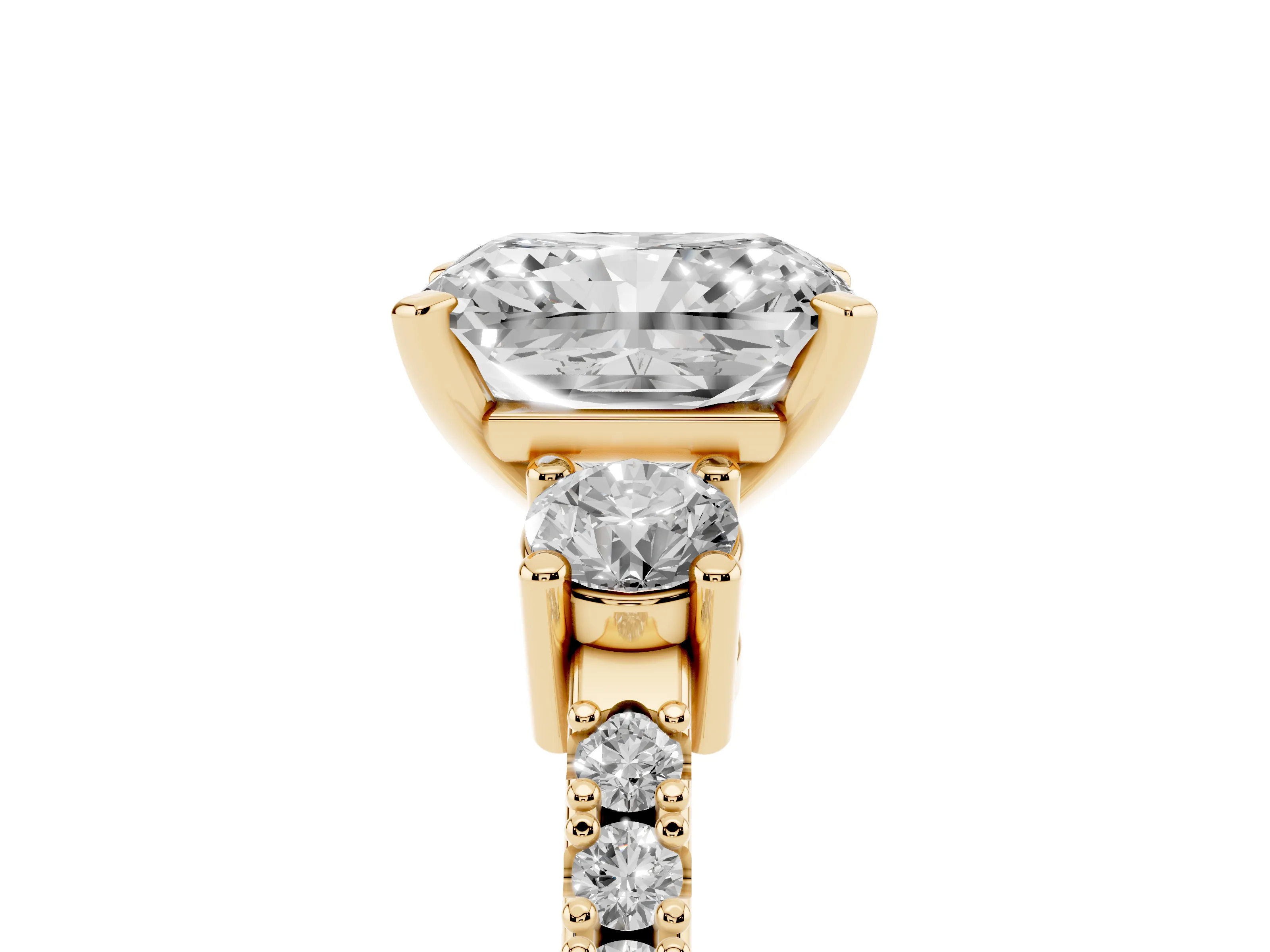 Three-Stone Radiant Cut Diamond Pavé Band Ring Set in Yellow gold with Prong Setting
