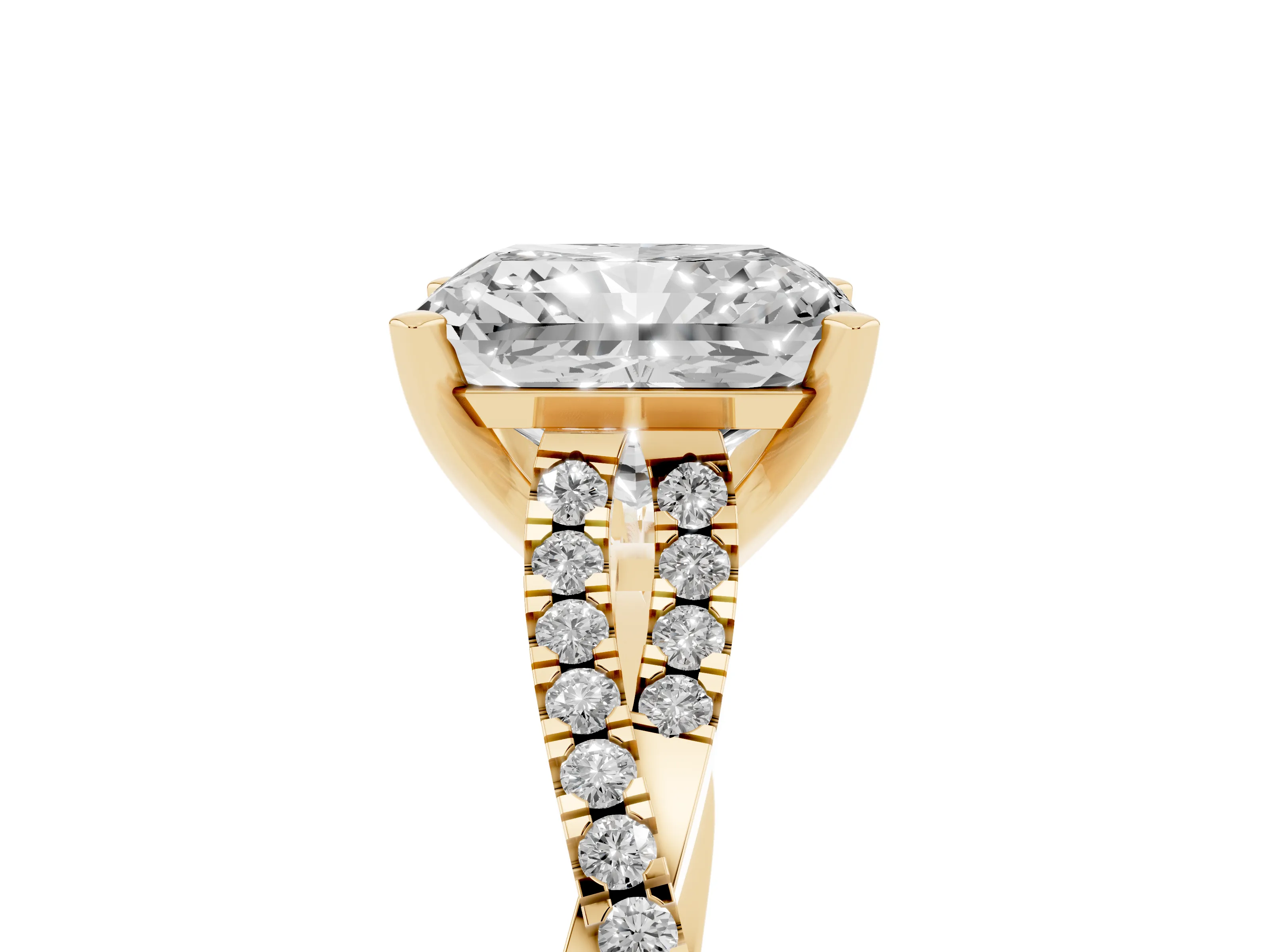 Radiant Cut Diamond Solitaire Engagement Ring Set in Yellow gold with Twisted Pavé Band and Prong Setting
