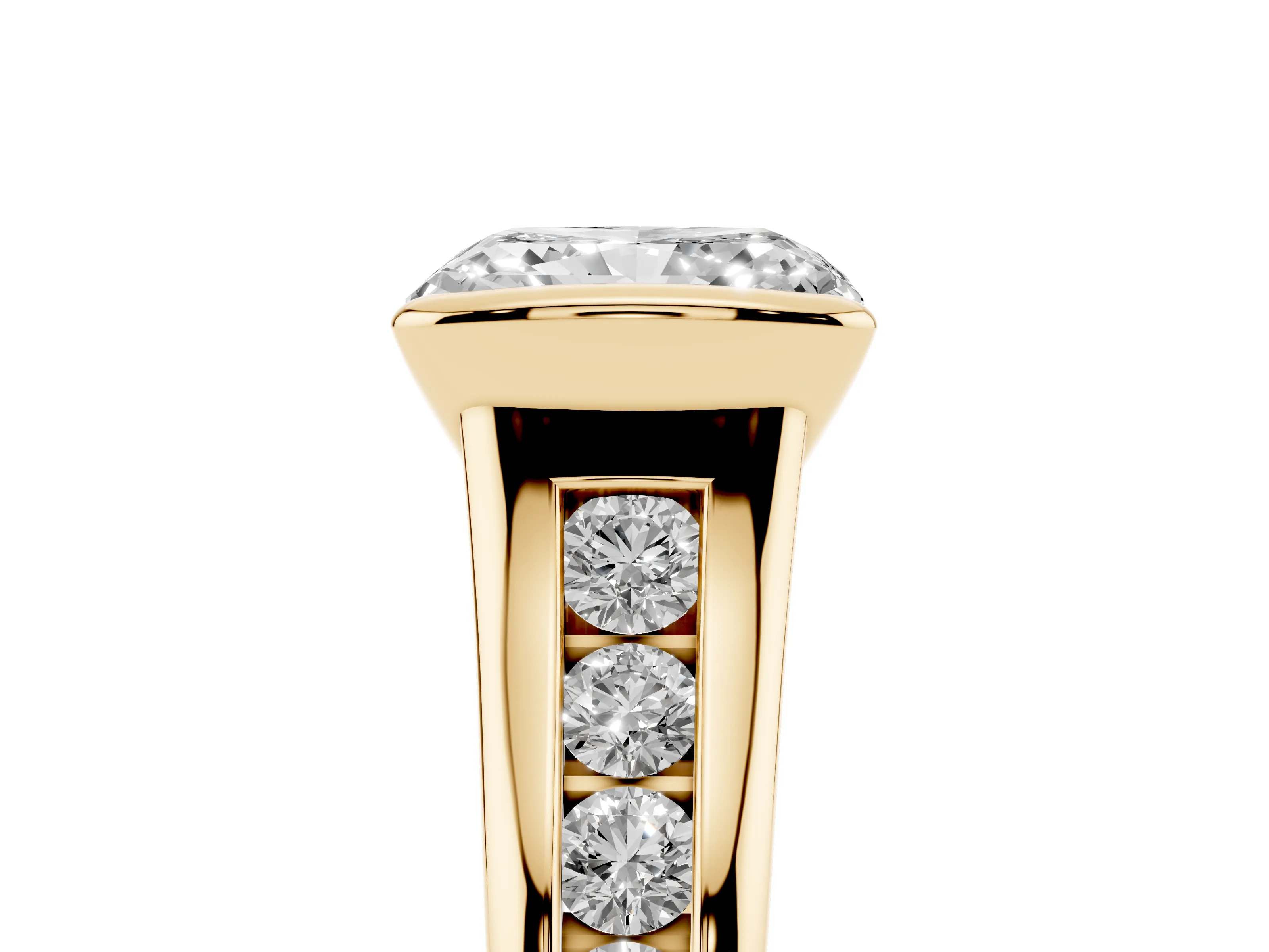 Radiant Cut Diamond Bezel-Set Solitaire Ring Set in Yellow gold with Channel-Set Band
