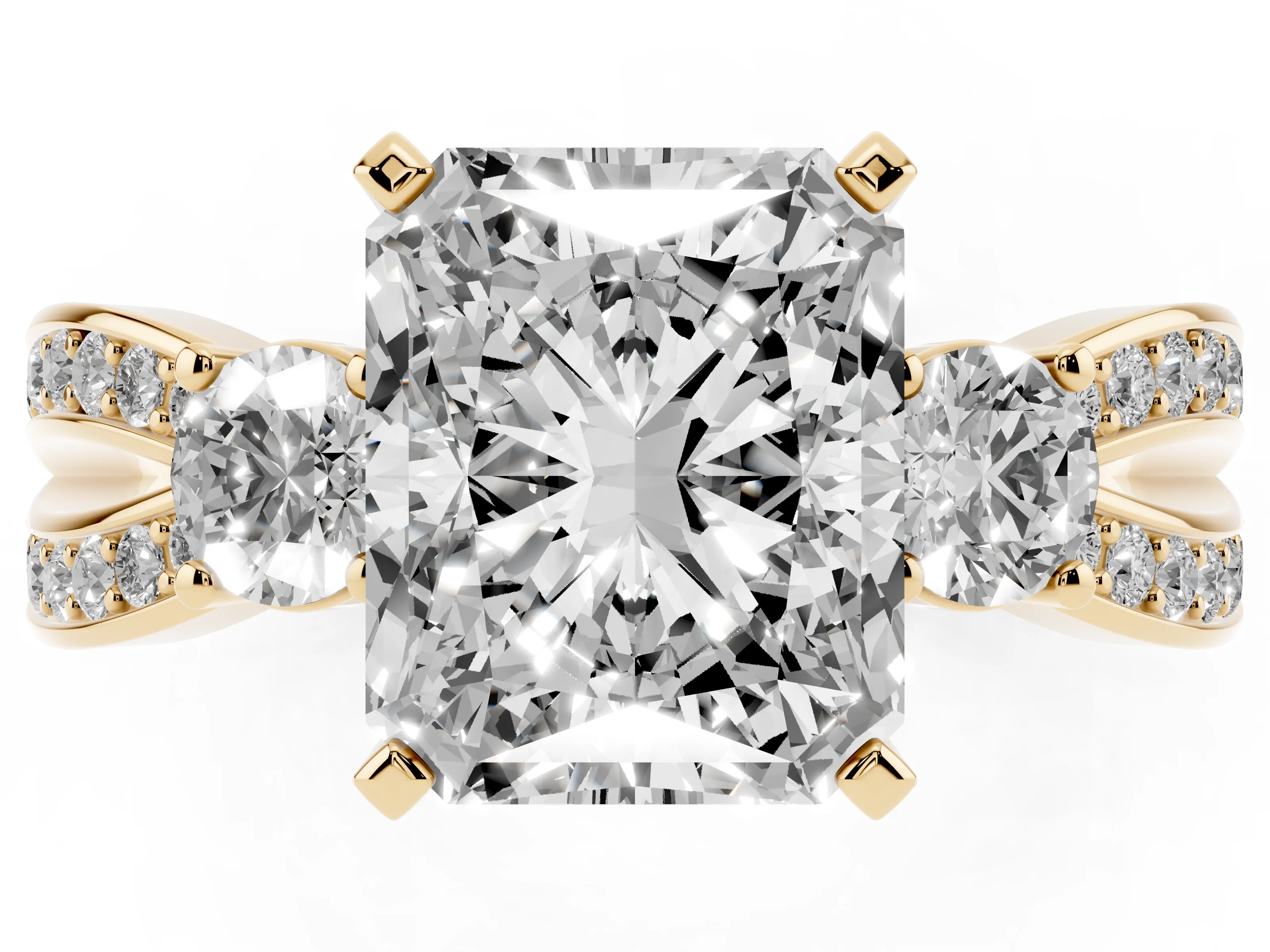 Three-Stone Radiant Cut Diamond Twist Band Ring Set in Yellow gold with Pavé Accents and Prong Setting
