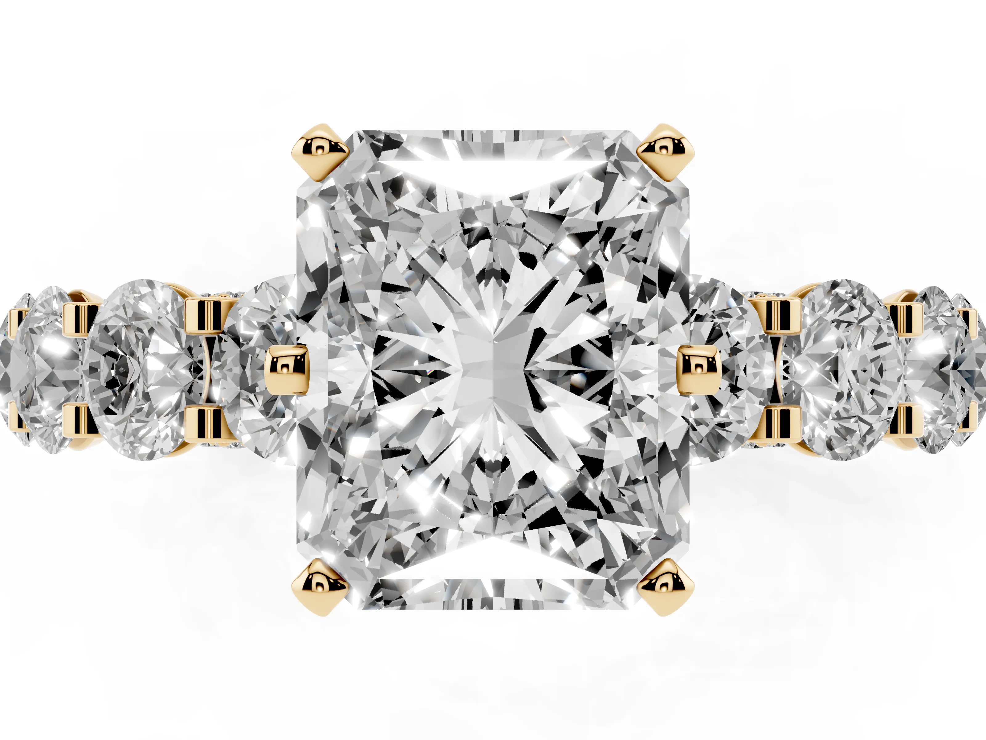 Radiant Cut Diamond Side Stone Ring Set in Yellow gold with Alternating Round and Oval Side Stones
