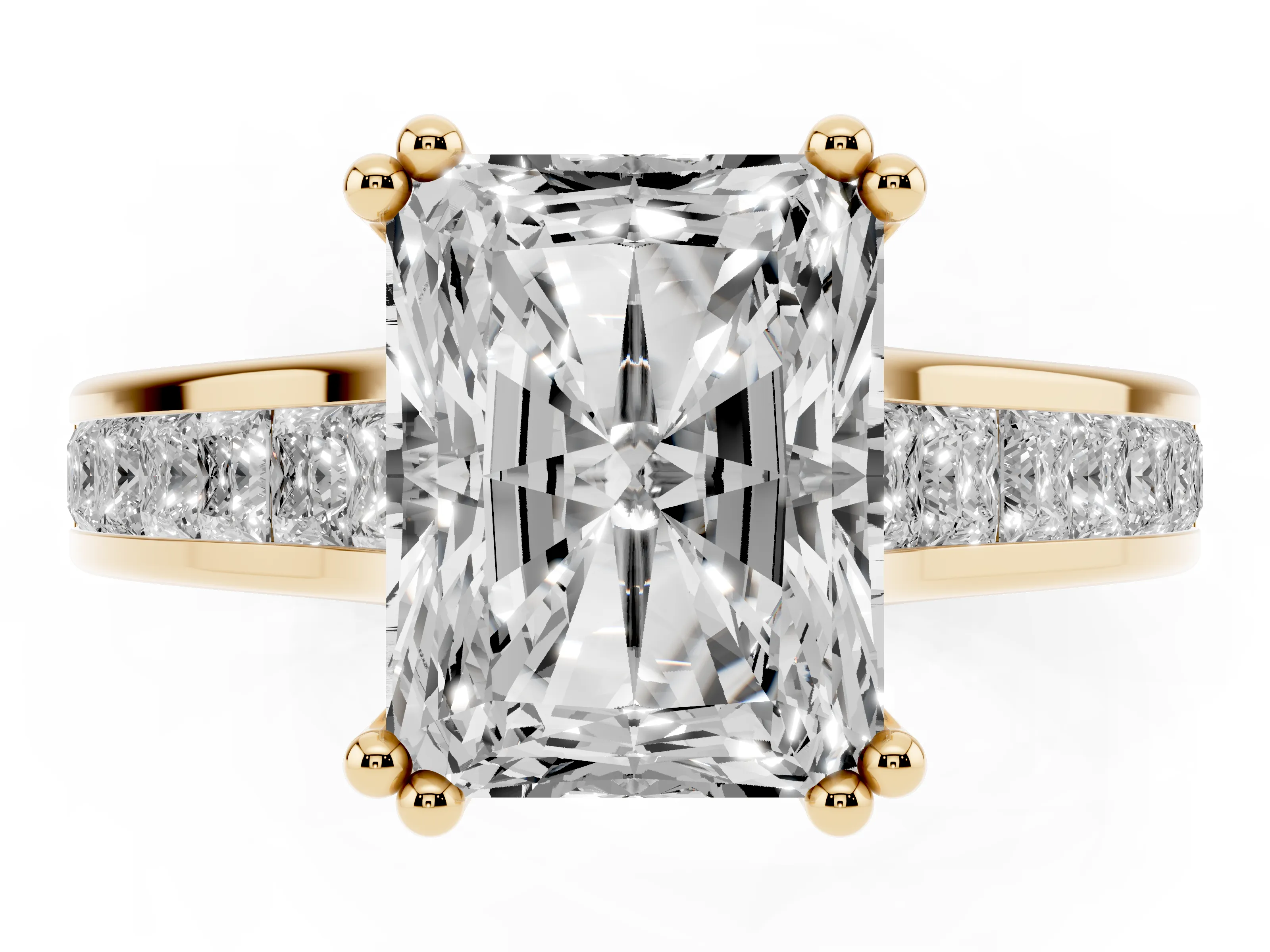 Radiant Cut Diamond Channel Set Solitaire Engagement Ring Set in Yellow gold with Prong Setting