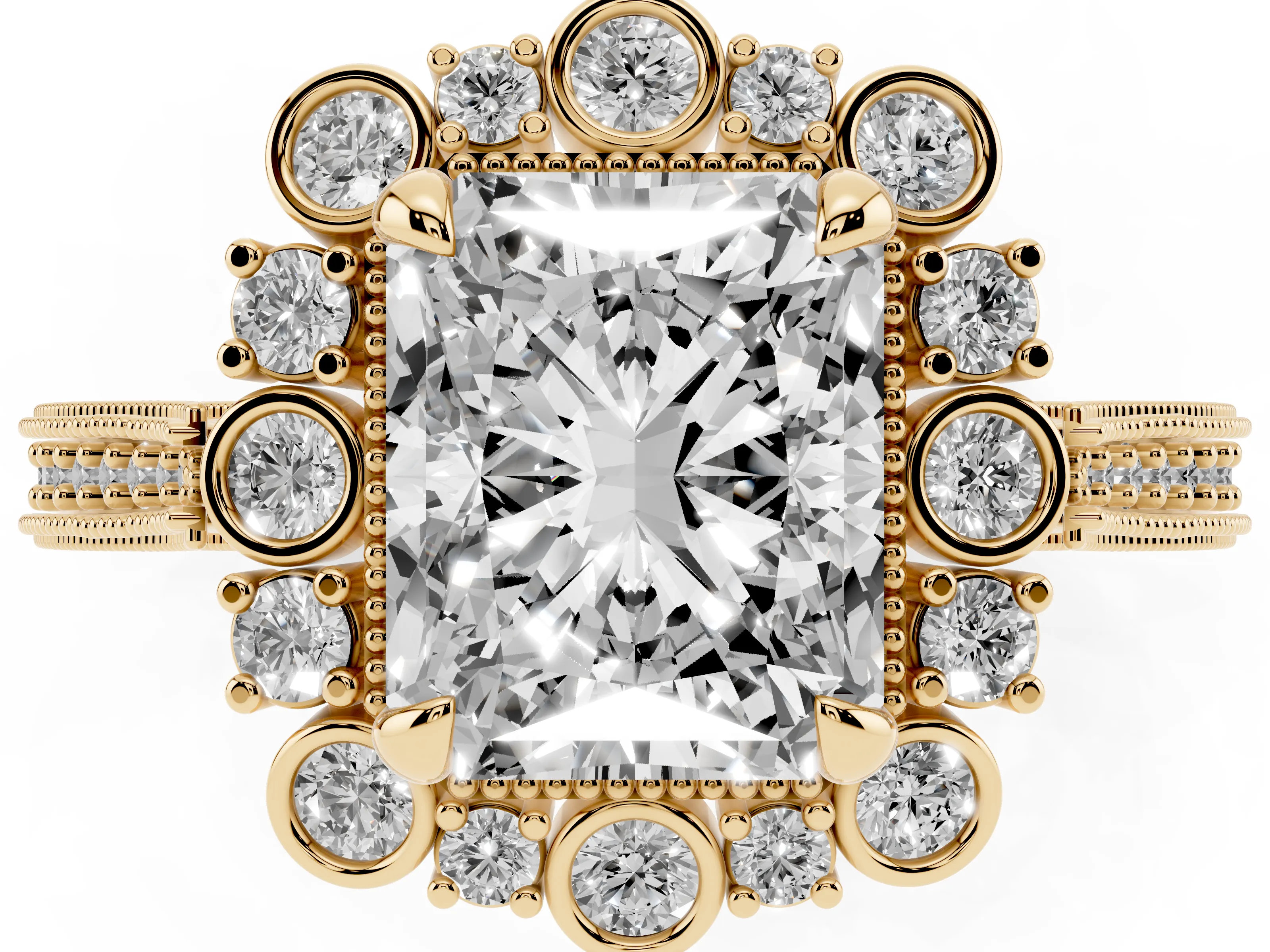 Radiant Cut Diamond Halo Milgrain Pavé Ring Set in Yellow gold with Prong Setting