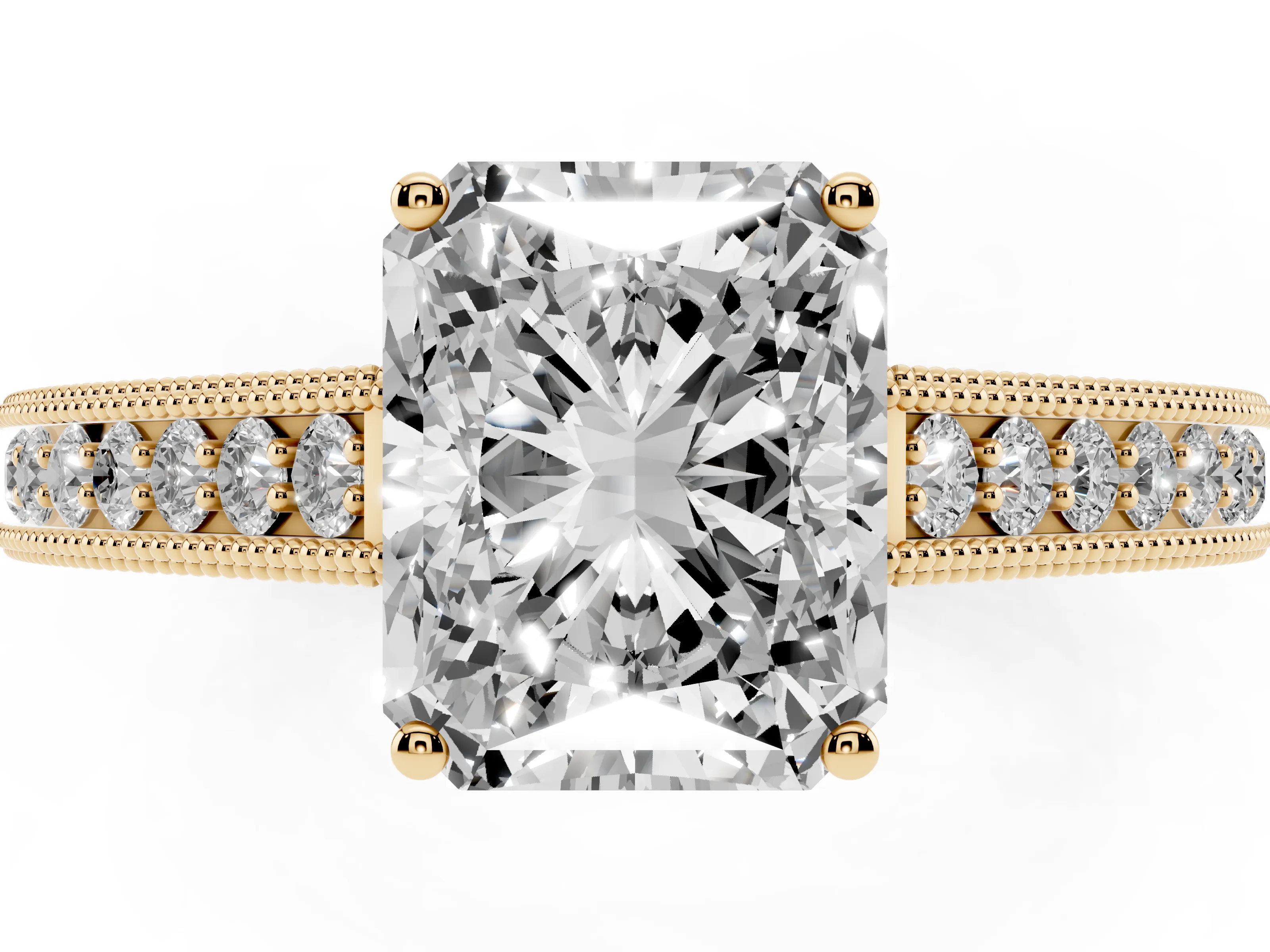 Radiant Cut Diamond Milgrain Pavé Band Solitaire Ring Set in Yellow gold with Prong Setting
