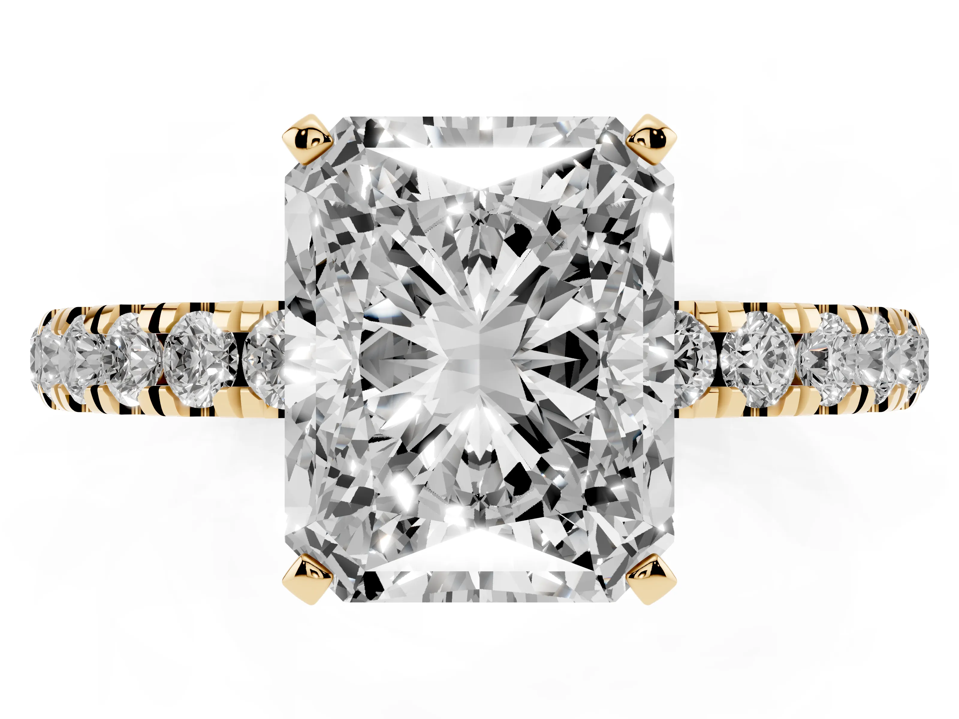 Radiant Cut Diamond Solitaire Ring Set in Yellow gold with Pavé Accents and Prong Setting