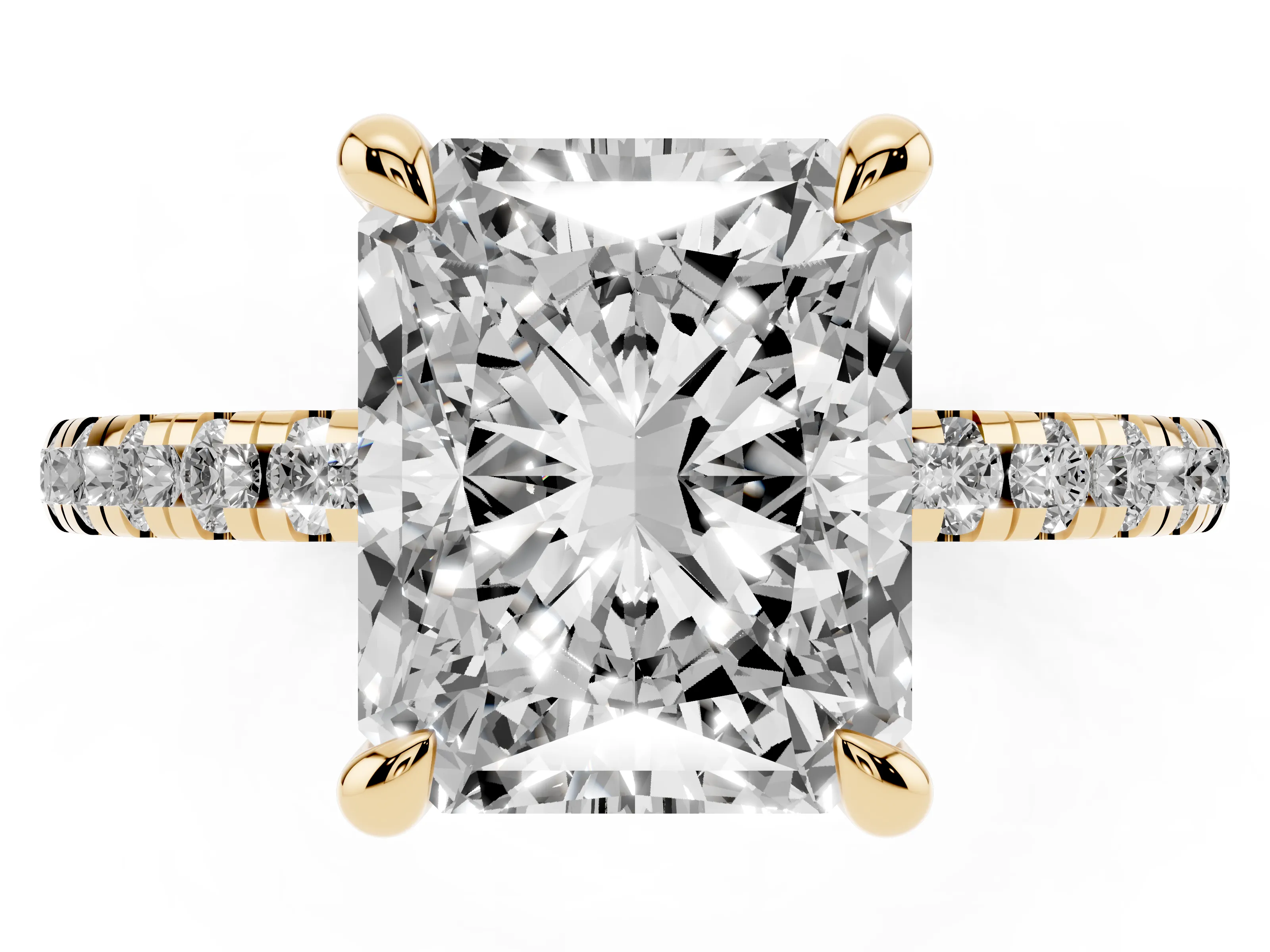 Radiant Cut Diamond Brilliant Solitaire Ring Set in Yellow gold with Pavé Band and Prong Setting