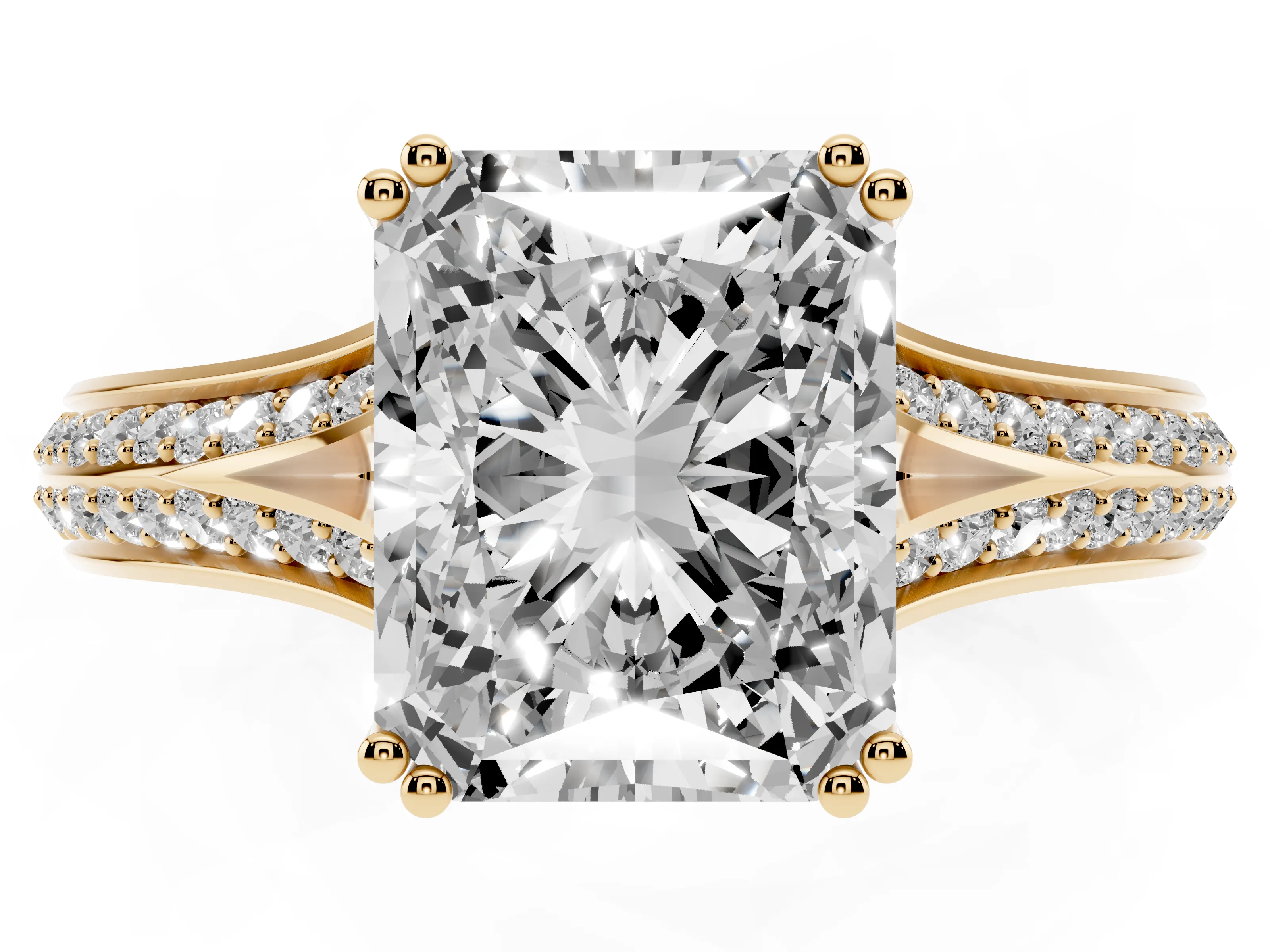Radiant Cut Diamond Split Shank Pavé Engagement Ring Set in Yellow gold with Prong-Set Center Stone