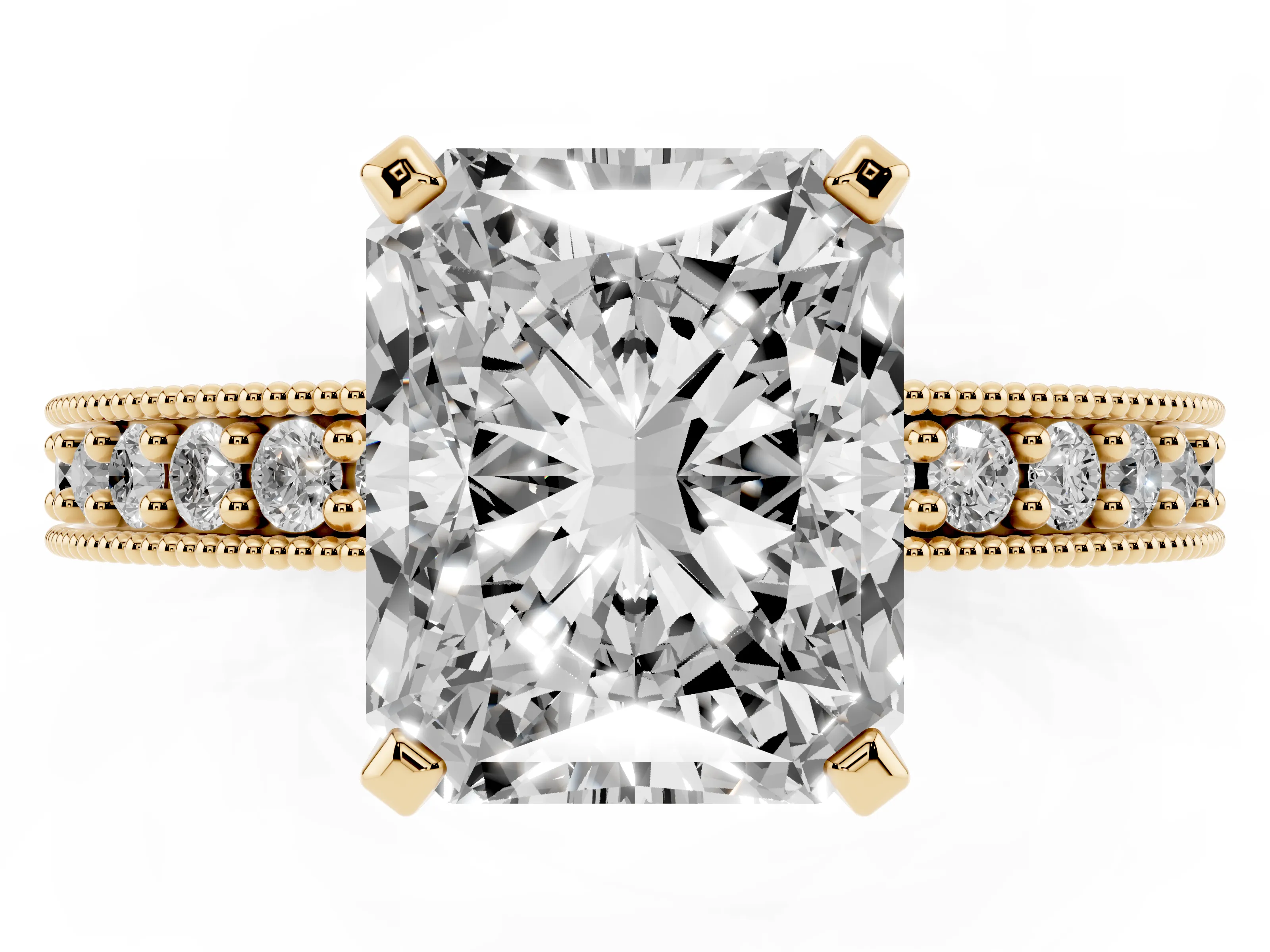 Radiant Cut Diamond Milgrain Pavé Engagement Ring Set in Yellow gold with Prong Setting