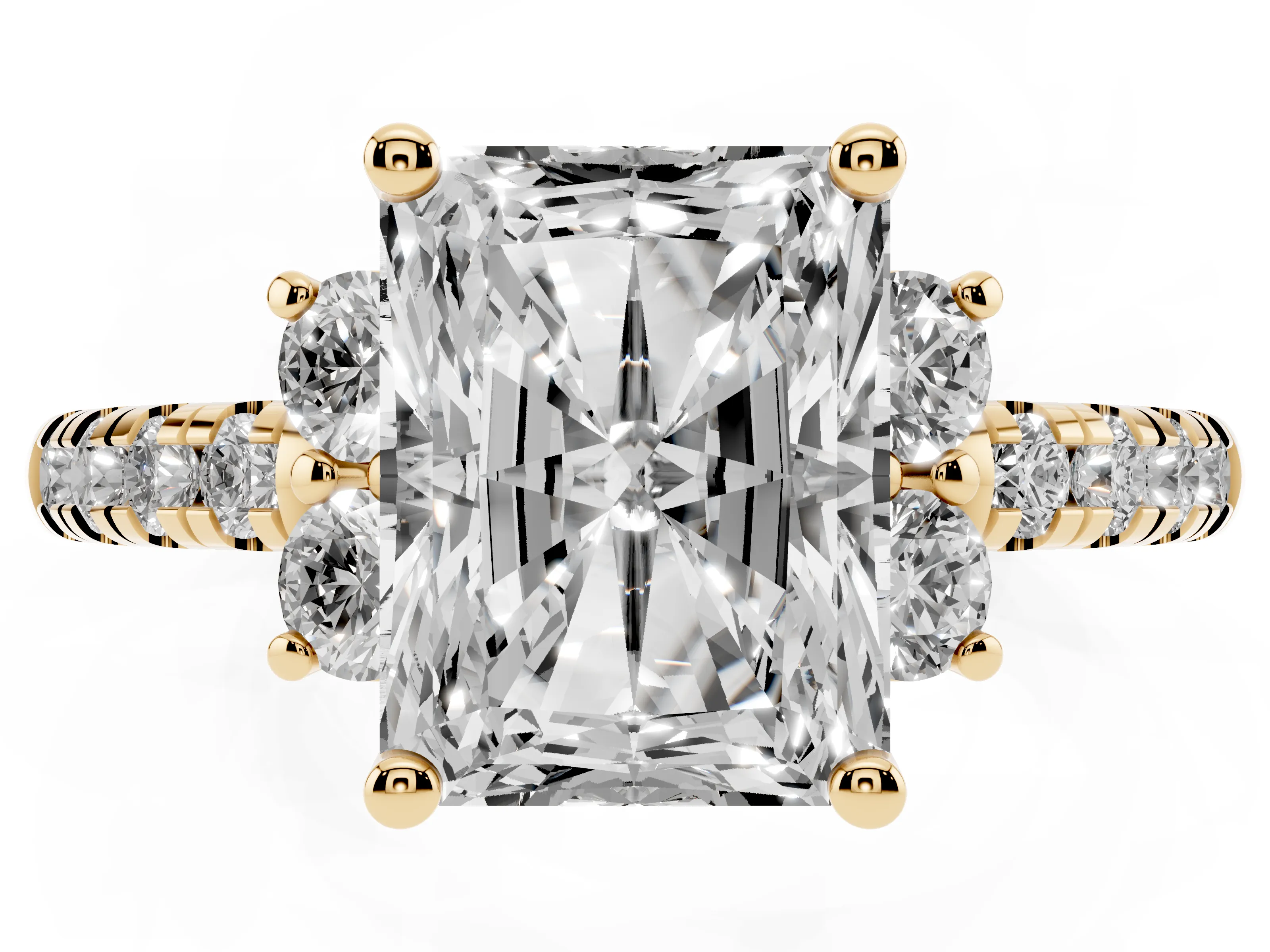 Radiant Cut Diamond Three-Stone Pavé Ring Set in Yellow gold with Prong Setting