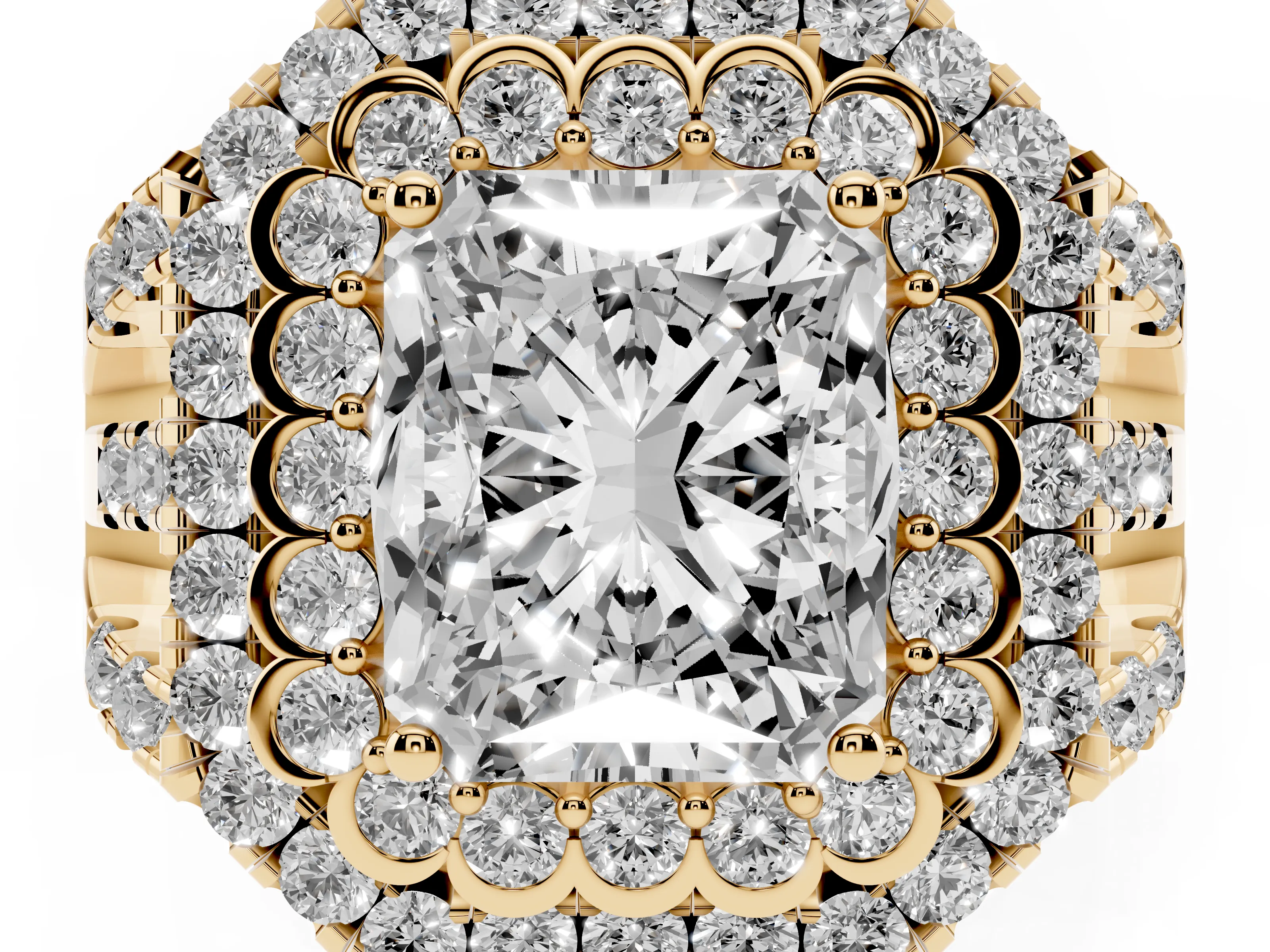 Radiant Cut Diamond Double Halo Ring Set in Yellow gold with Round Pavé Split Shank