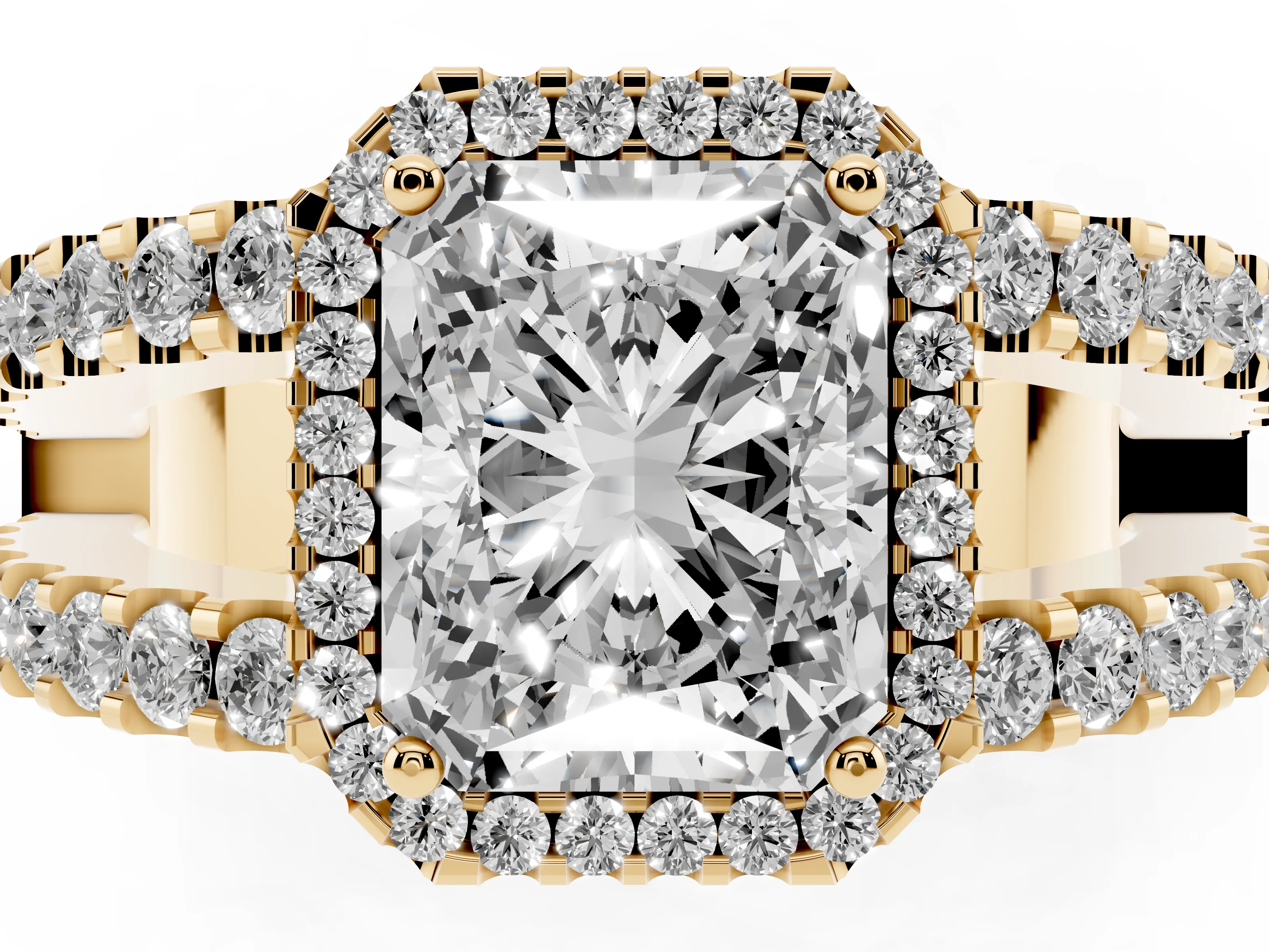 Radiant Cut Diamond Halo Ring Set in Yellow gold with Pavé Split Shank and Prong Setting