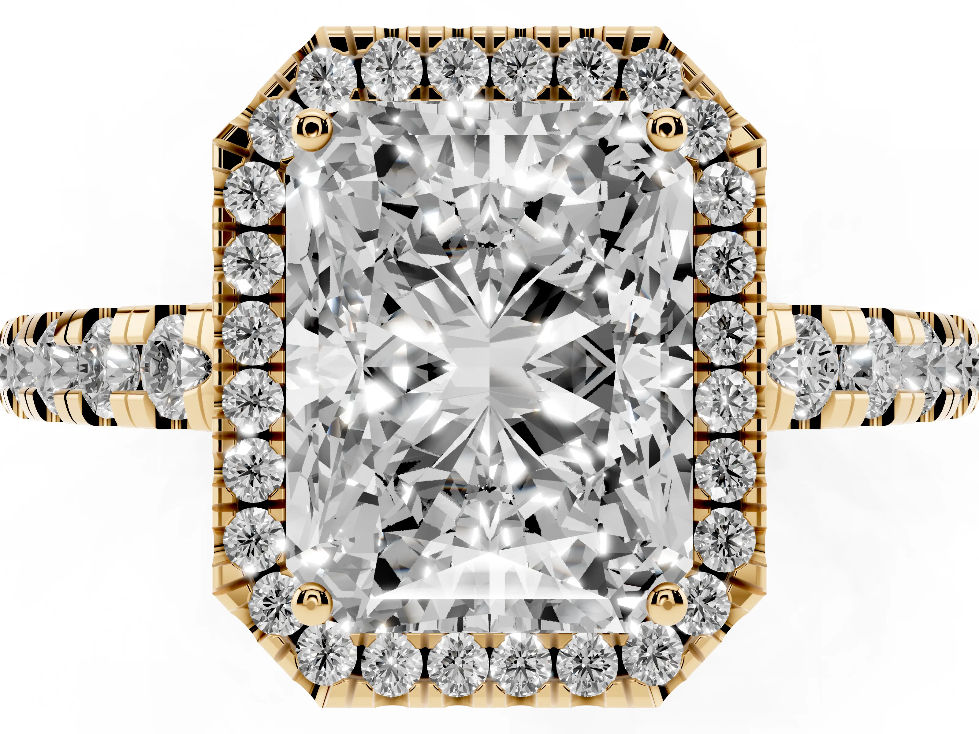 Radiant Cut Diamond Halo Ring Set in Yellow gold with Delicate Pavé Band and Prong Setting