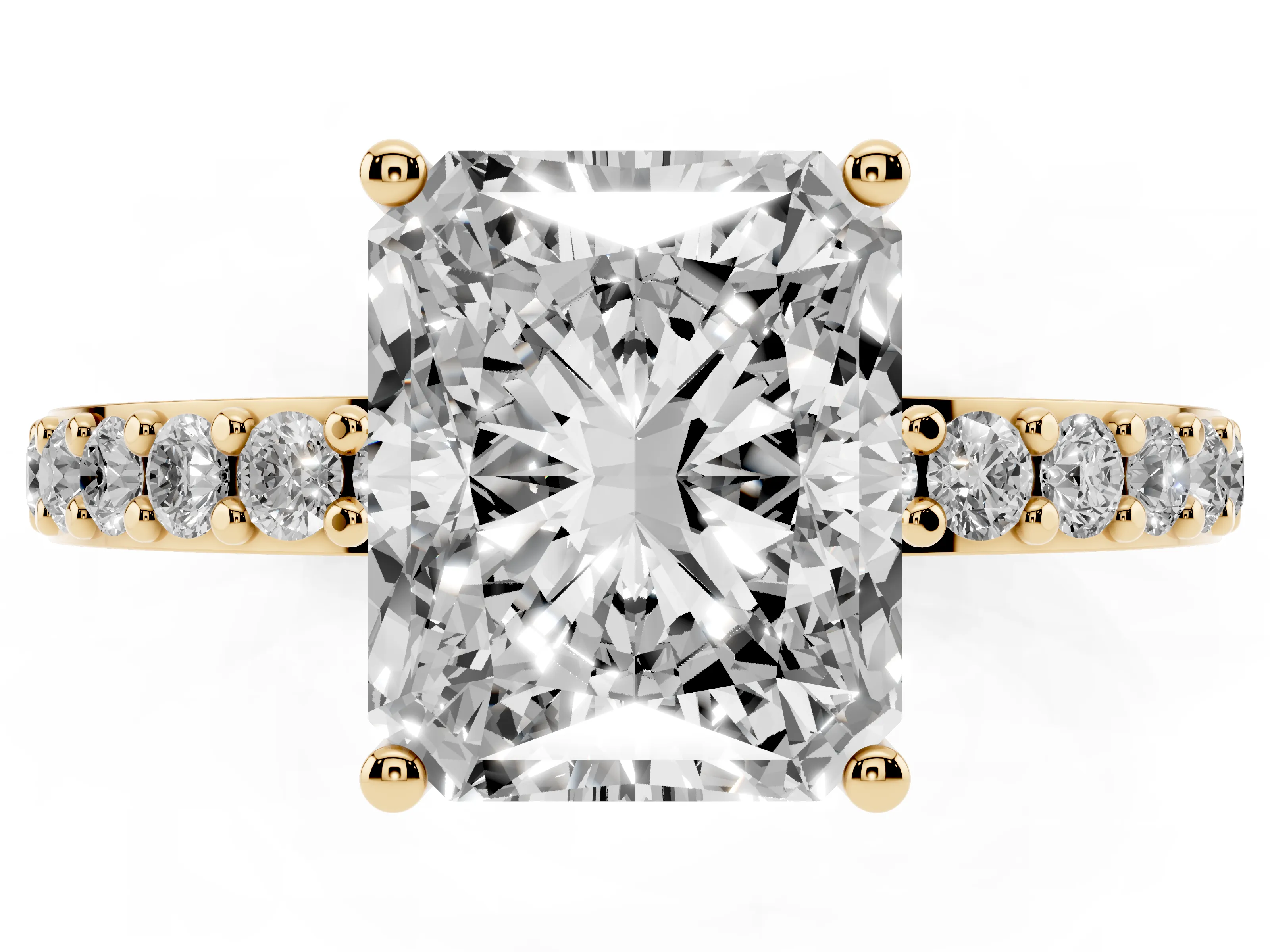 Radiant Cut Diamond Solitaire Set in Yellow gold with Round Pavé Band and Prong Setting