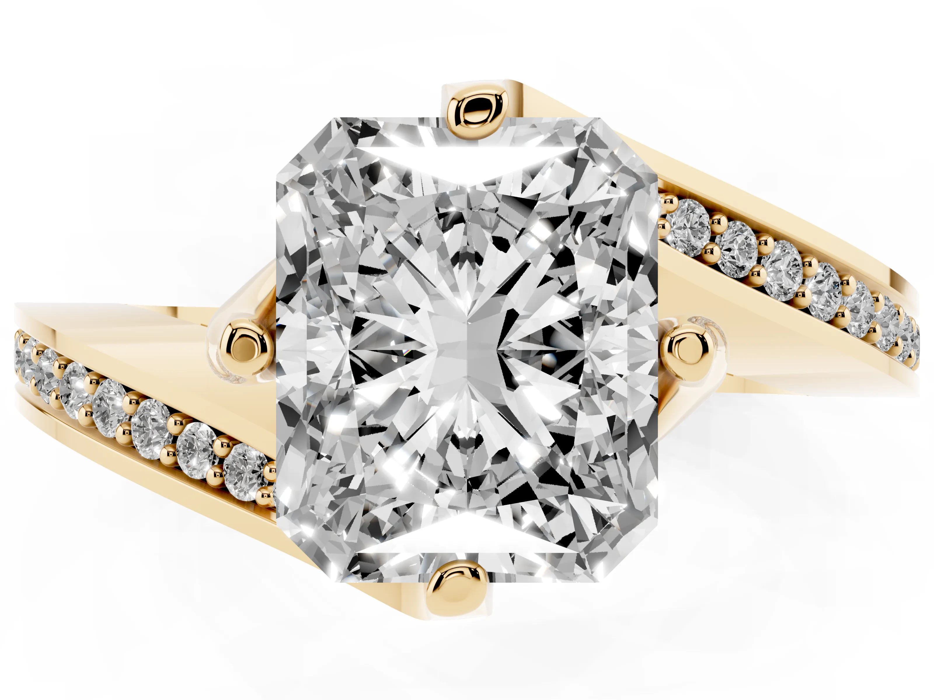 Radiant Cut Diamond Solitaire Ring Set in Yellow gold with Intertwined Pavé Twist Band