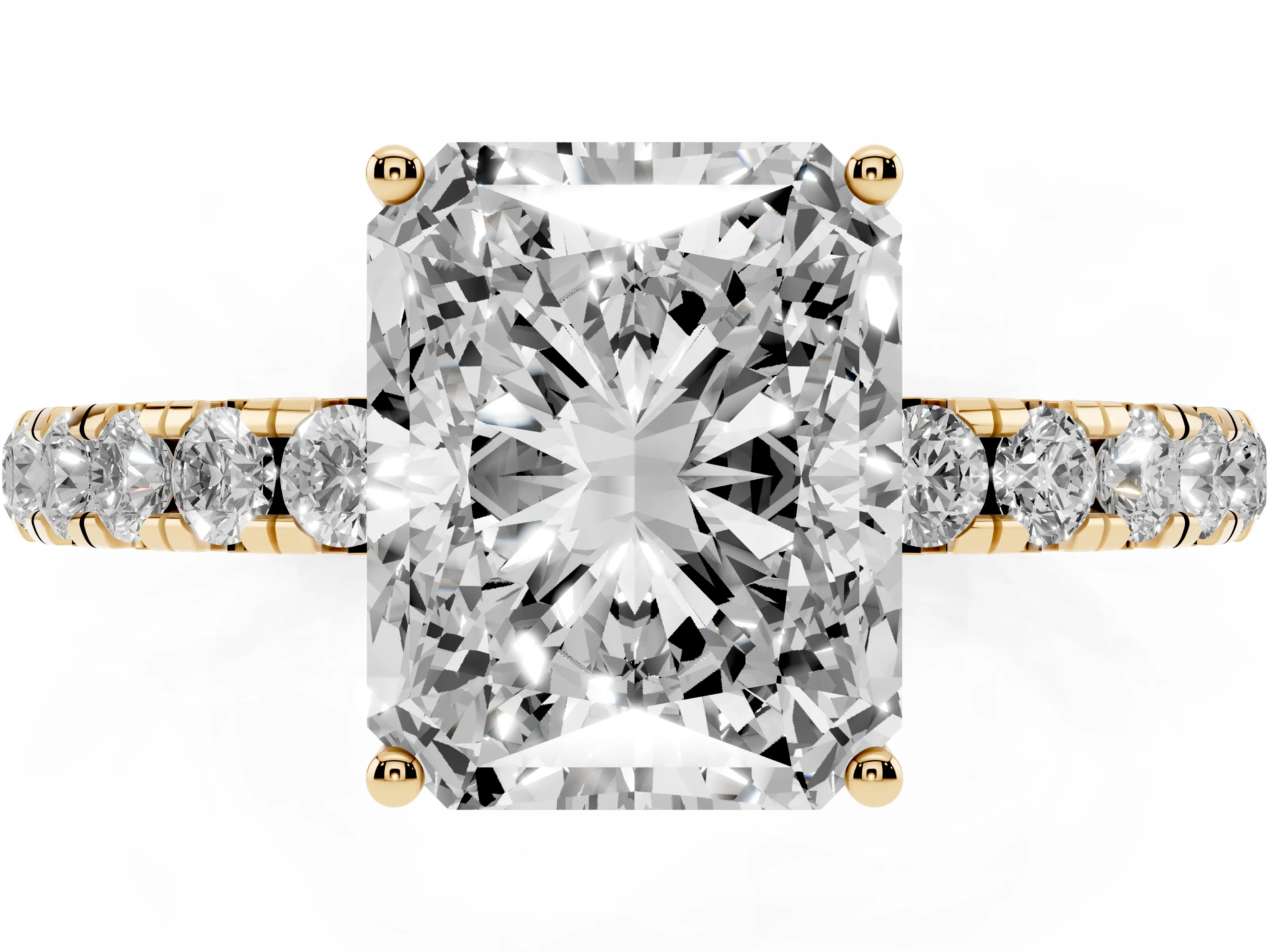 Radiant Cut Diamond Pavé Solitaire Engagement Ring Set in Yellow gold with Prong Setting