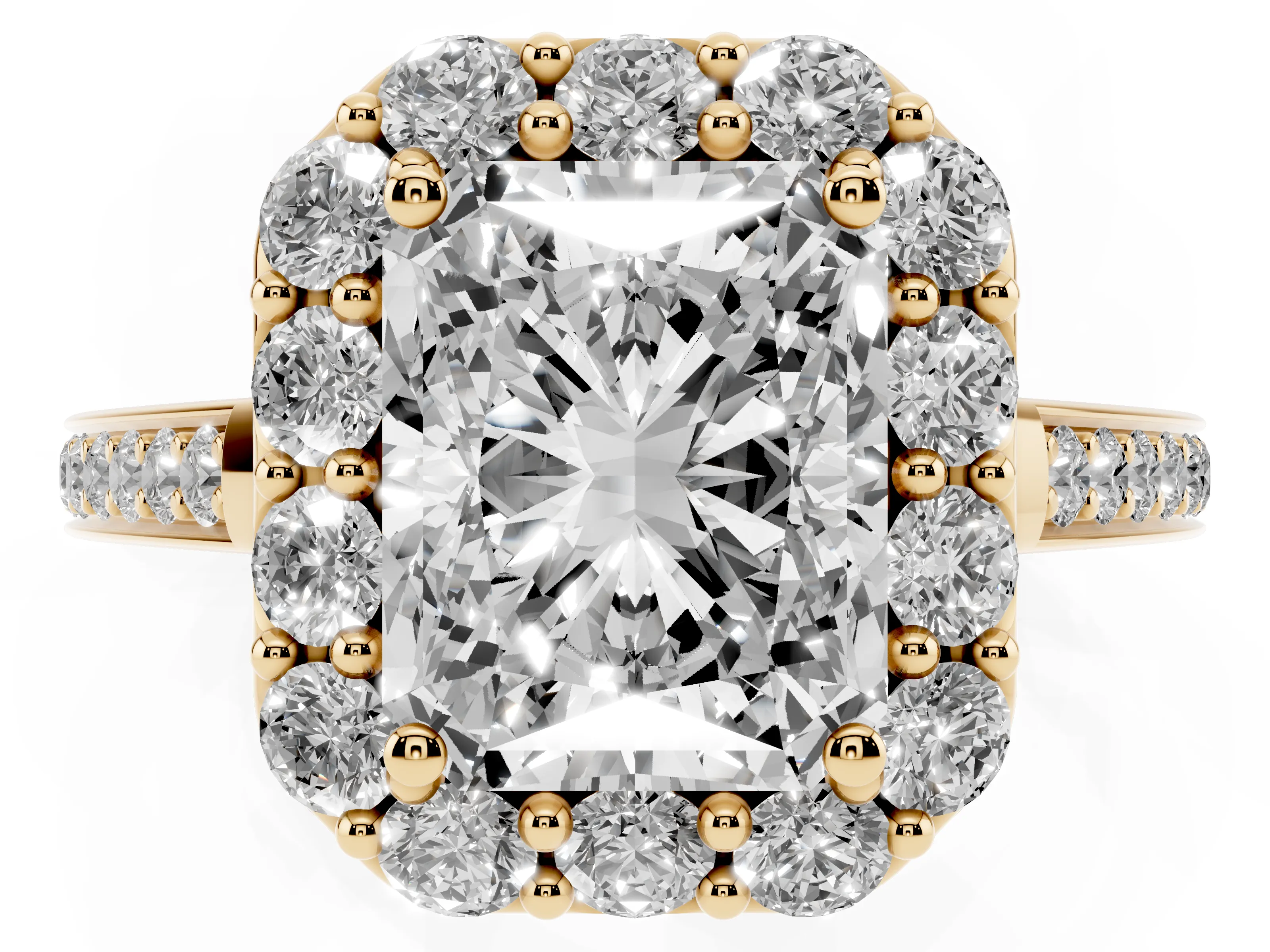 Radiant Cut Diamond Floral Halo Ring Set in Yellow gold with Pavé Band and Prong Setting