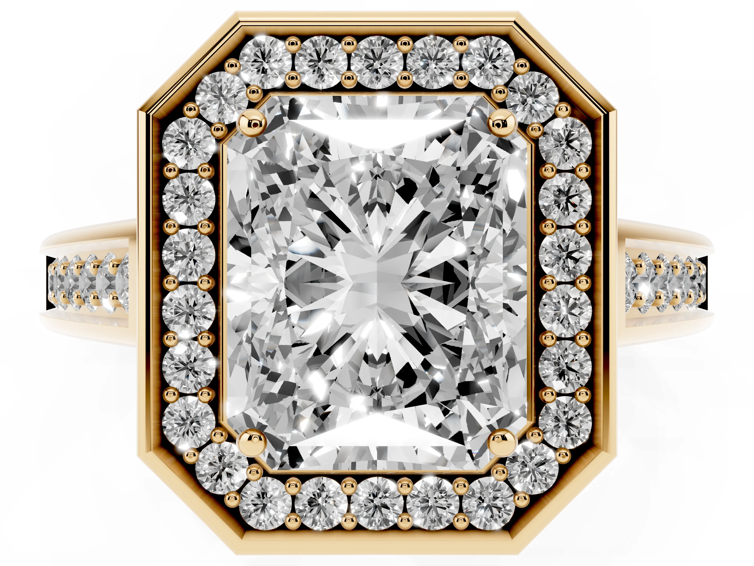 Radiant Cut Diamond Halo Solitaire Ring Set in Yellow gold with Pavé Band and Bezel Setting