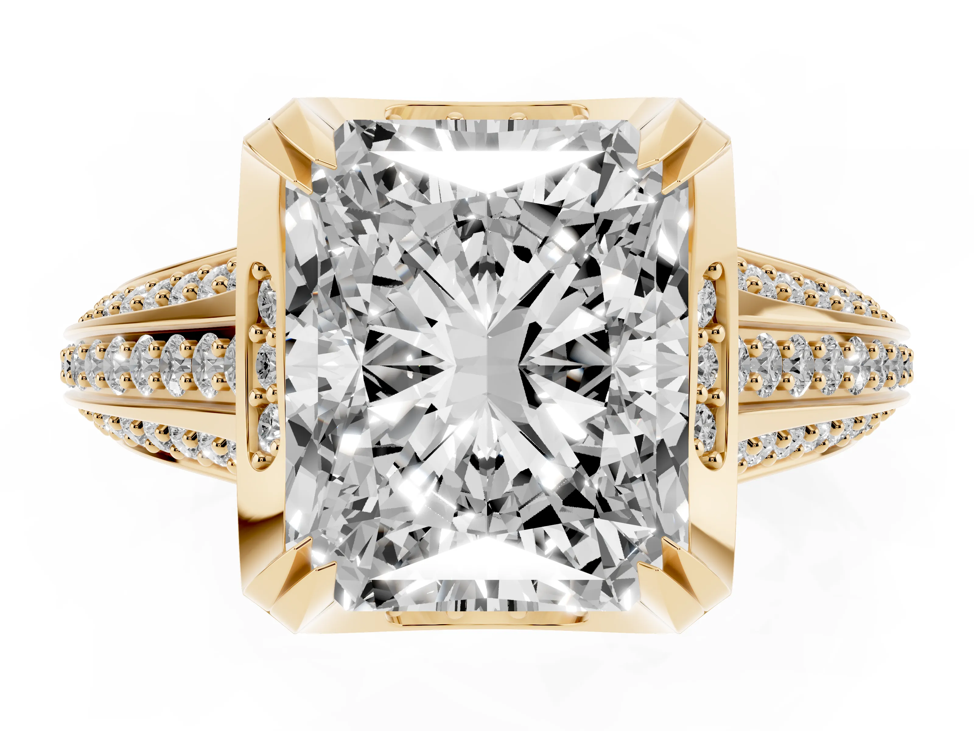 Radiant Cut Diamond Pavé Split Shank Solitaire Ring Set in Yellow gold with Prong Setting