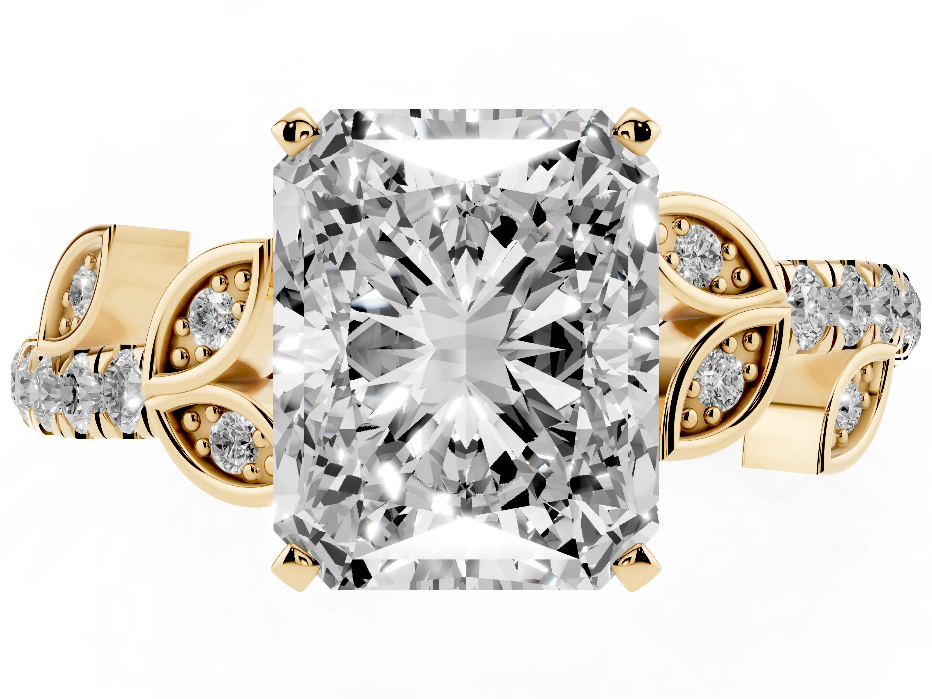 Radiant Cut Diamond Solitaire Leaf-Inspired Ring Set in Yellow gold with Pavé Band and Prong Setting
