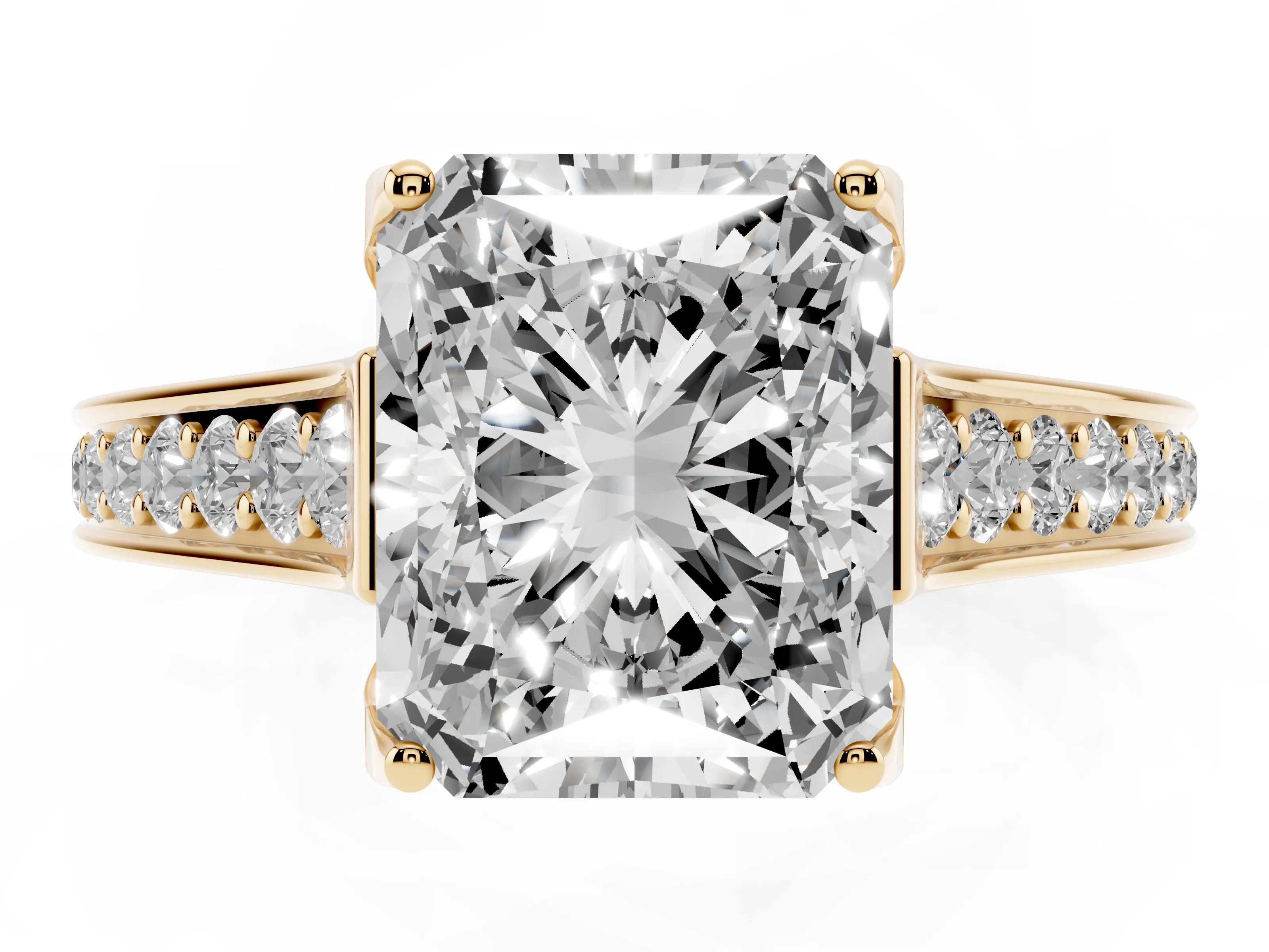 Radiant Cut Diamond Solitaire Pavé Engagement Ring Set in Yellow gold with Prong Setting