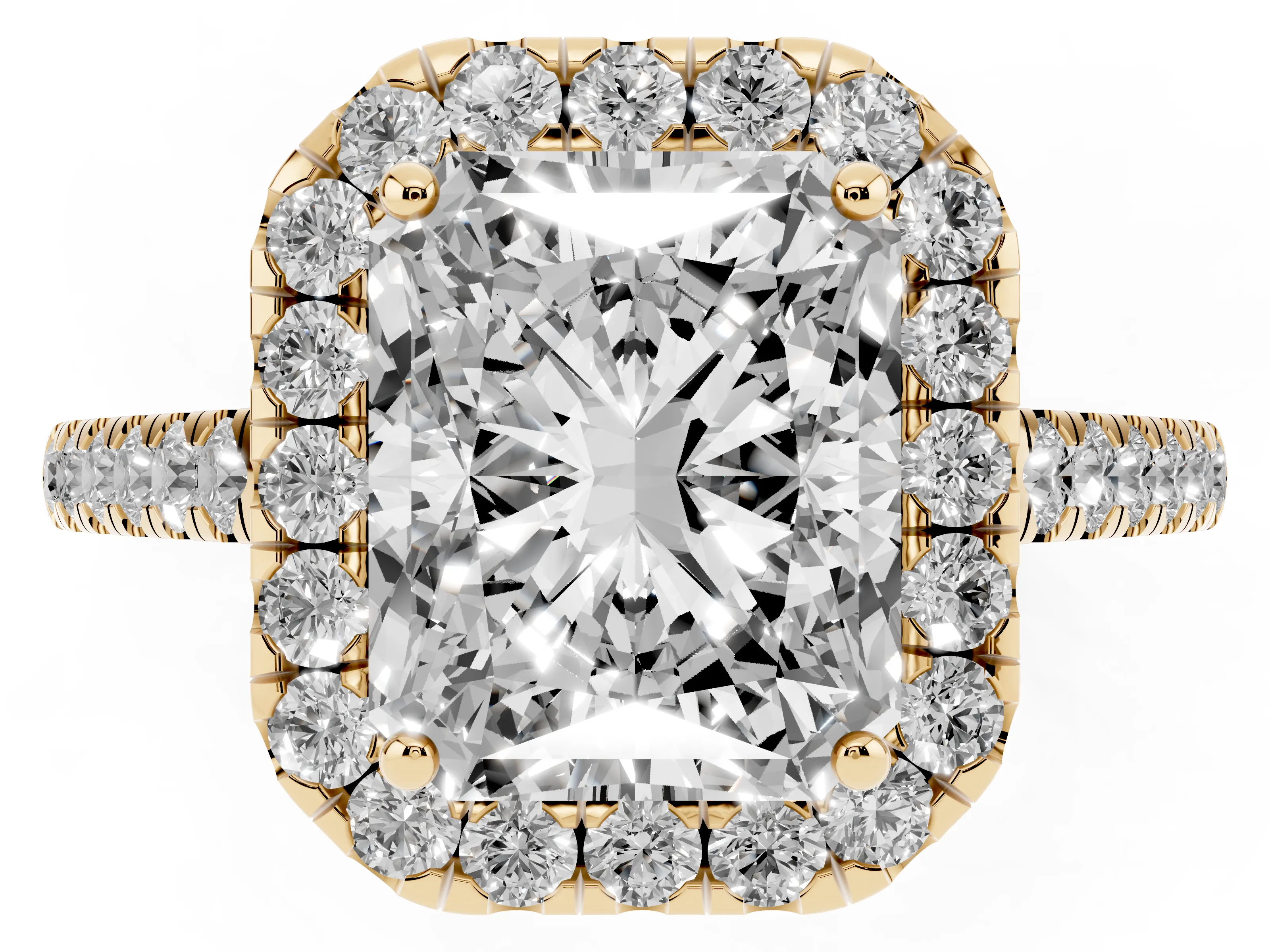 Radiant Cut Diamond Halo Pavé Engagement Ring Set in Yellow gold with Prong Setting