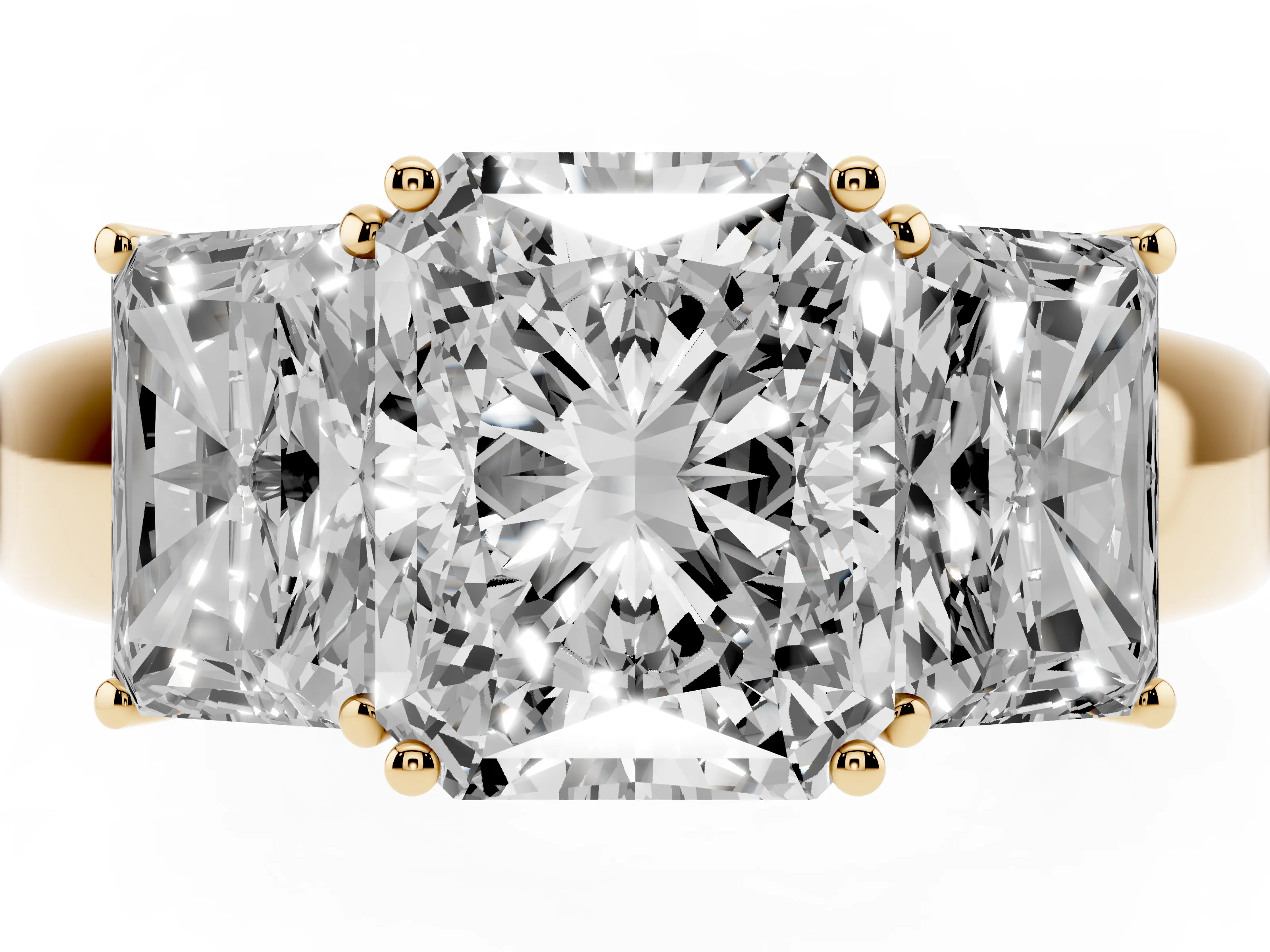 Three-Stone Radiant Cut Diamond Ring Set in Yellow gold with Matching Prong Settings and Plain Band