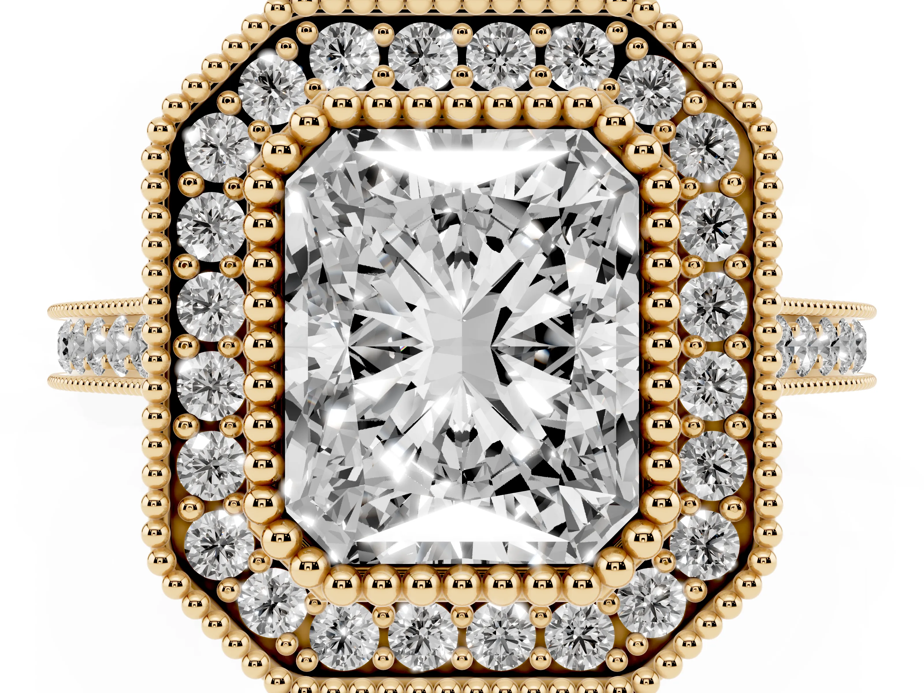Radiant Cut Diamond Halo Ring Set in Yellow gold with Milgrain Frame and Pavé Band
