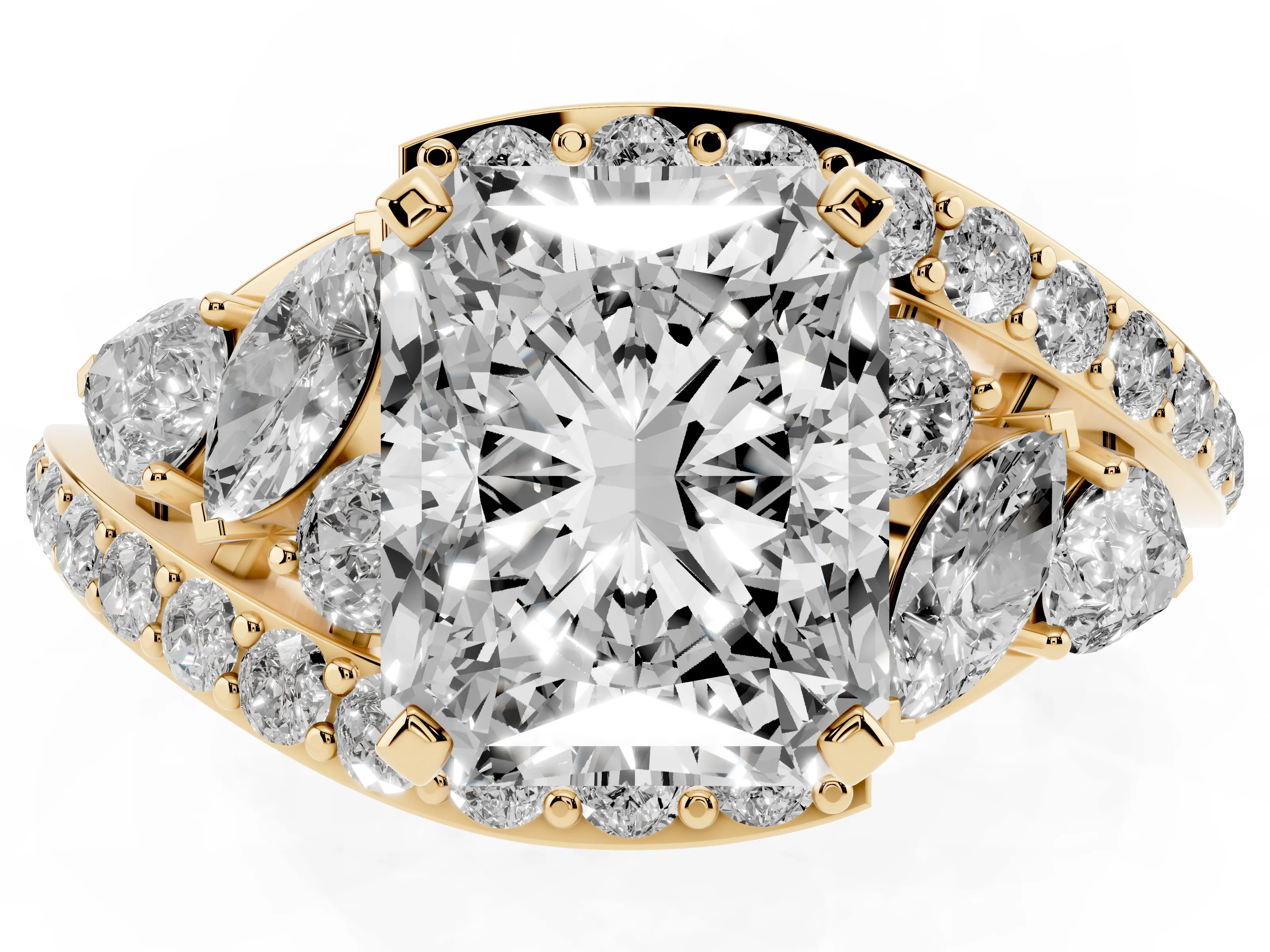 Radiant Cut Diamond Halo Ring Set in Yellow gold with Marquise and Pavé Band in Prong Setting
