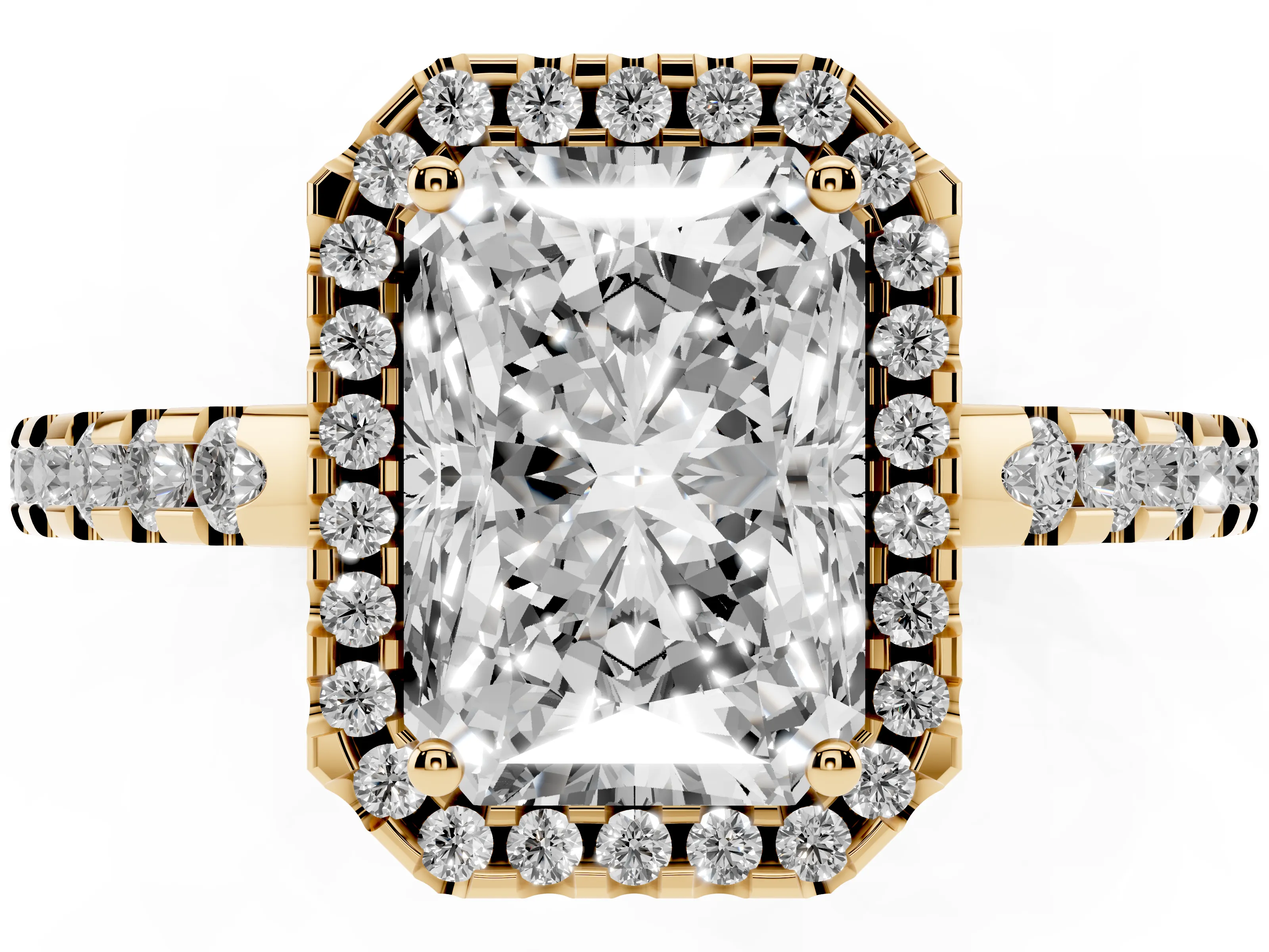Radiant Cut Diamond Halo Ring Set in Yellow gold with Pavé Shoulders and Halo-Framed Center