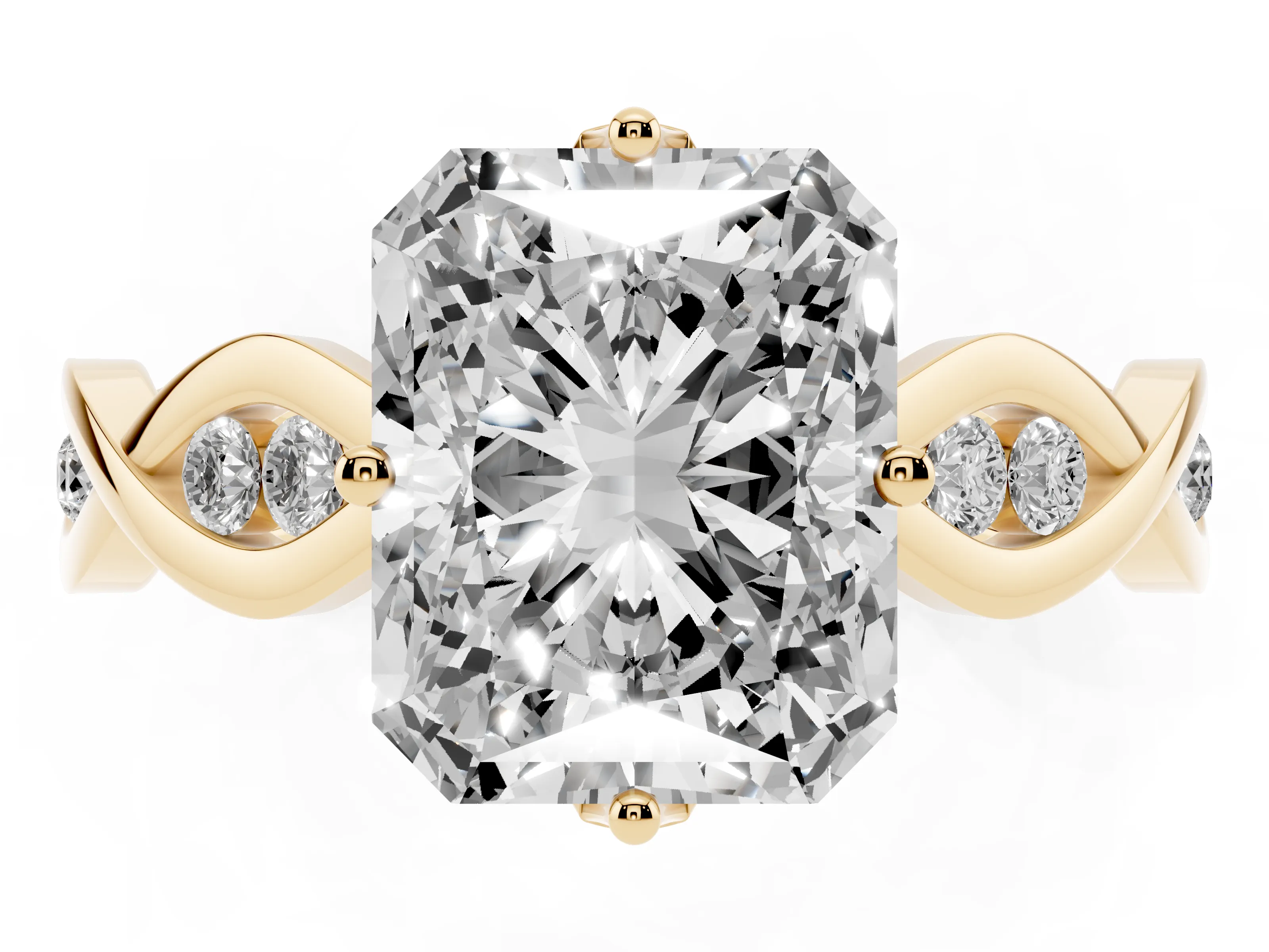 Radiant Cut Diamond Twist Band Solitaire Ring Set in Yellow gold with Leaf Prong Setting and Accent Stones