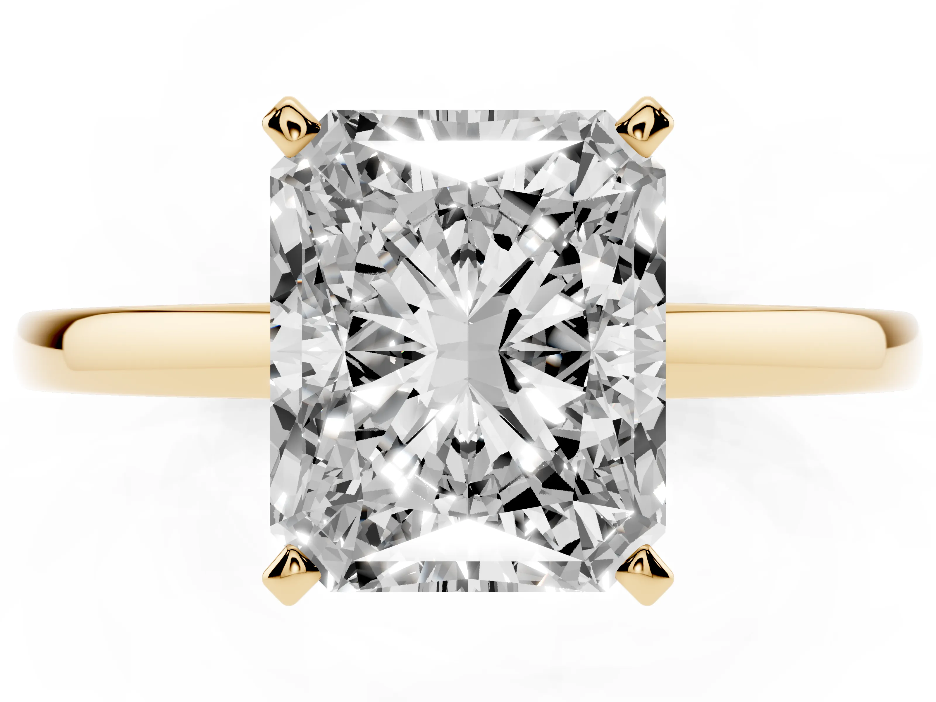 Radiant Cut Diamond Solitaire Engagement Ring Set in Yellow gold with Prong Setting on a Classic Band