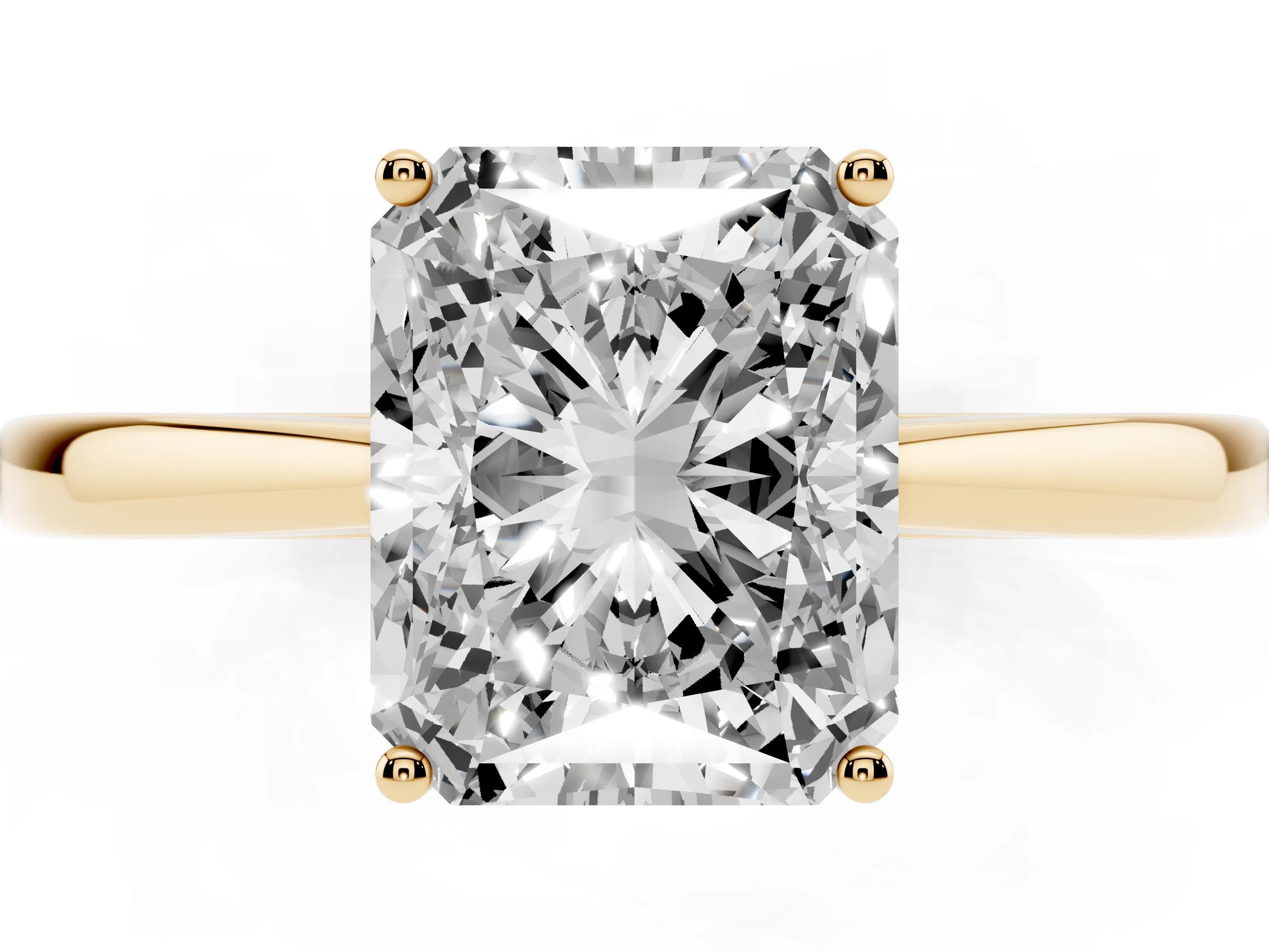 Radiant Cut Diamond Solitaire Ring Set in Yellow gold with Split Shank and Prong Setting