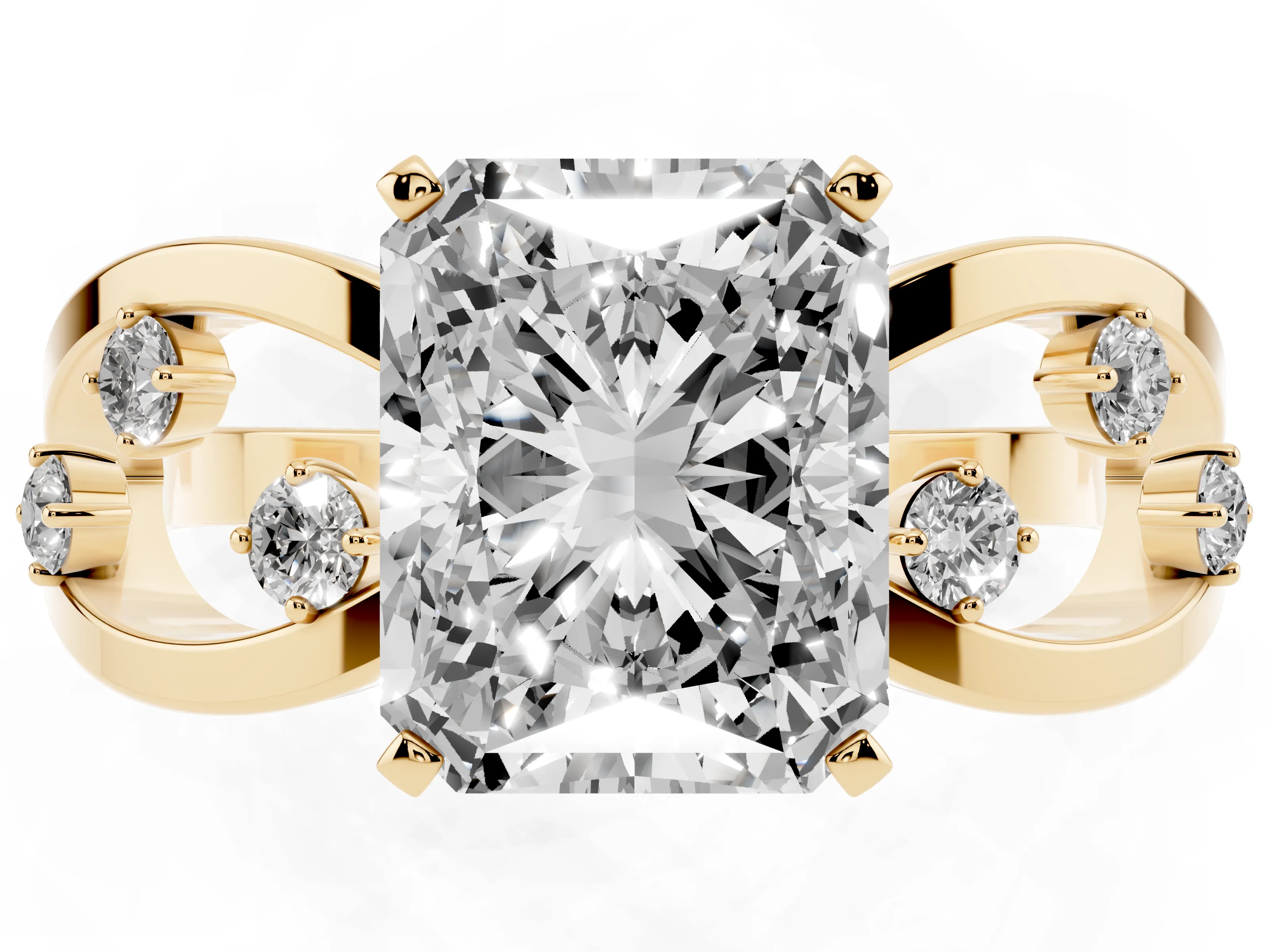 Radiant Cut Diamond Solitaire Ring Set in Yellow gold with Side Stones on Criss-Cross Band and Prong Setting